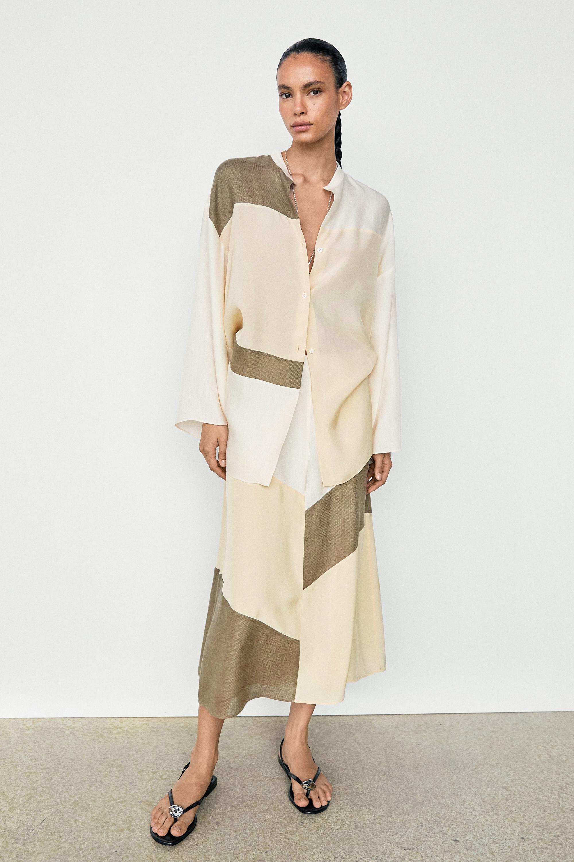 Falda midi fluida detalle patchwork