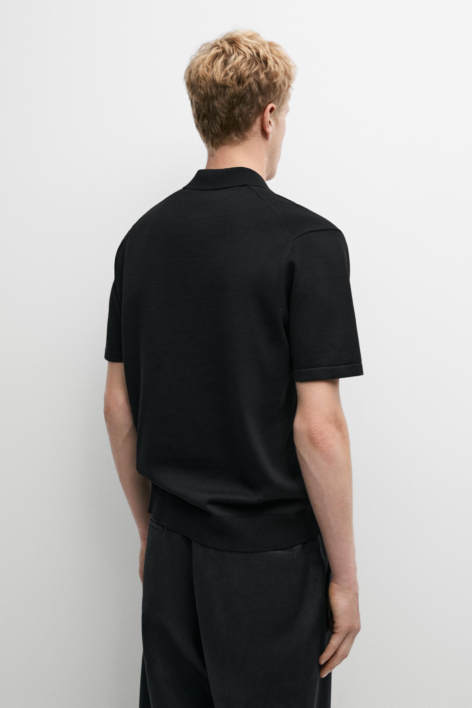 100% cotton intarsia knit polo shirt — BLACK