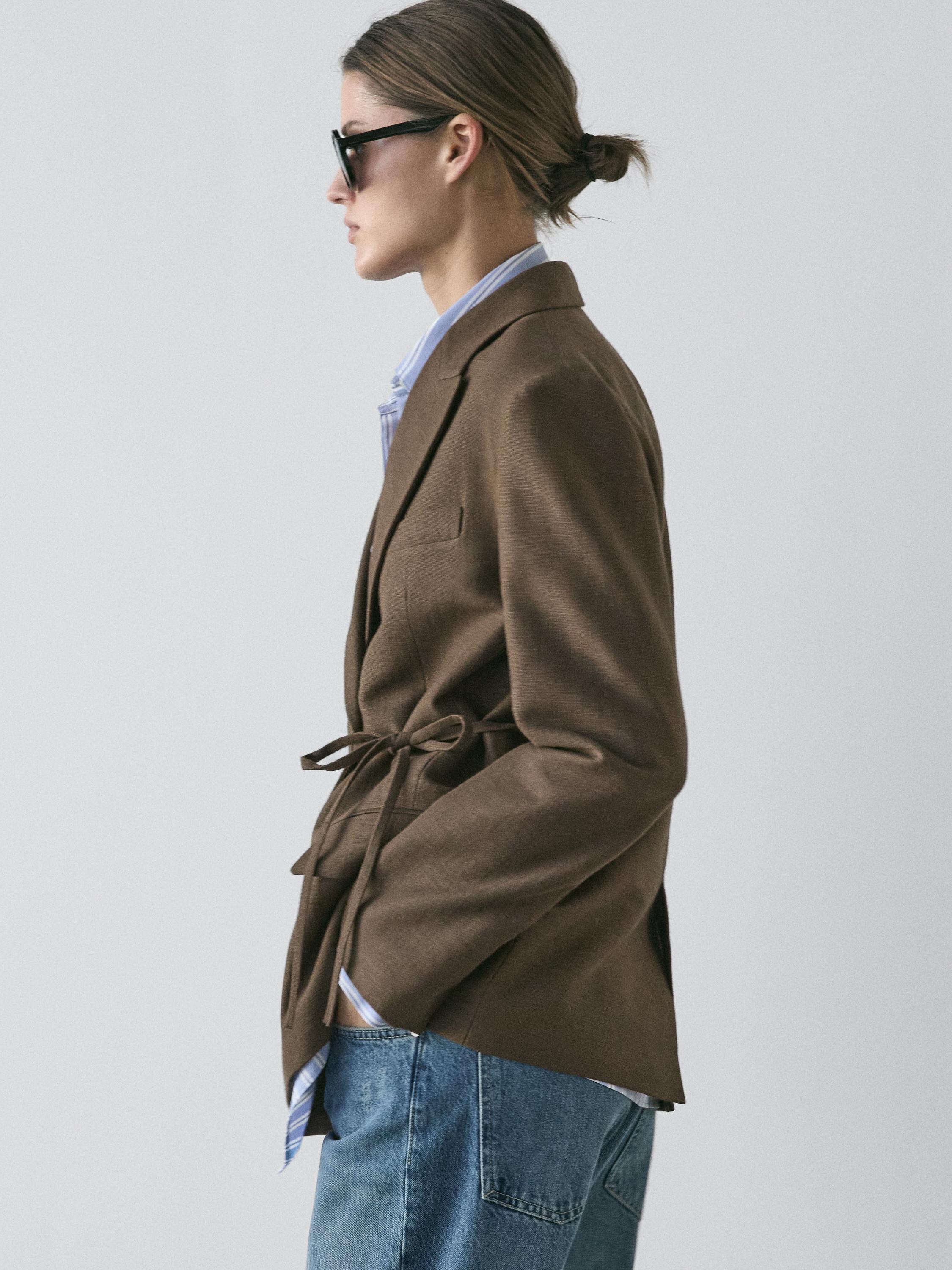 Double-breasted cotton blend blazer with tie detail — DARK GREEN