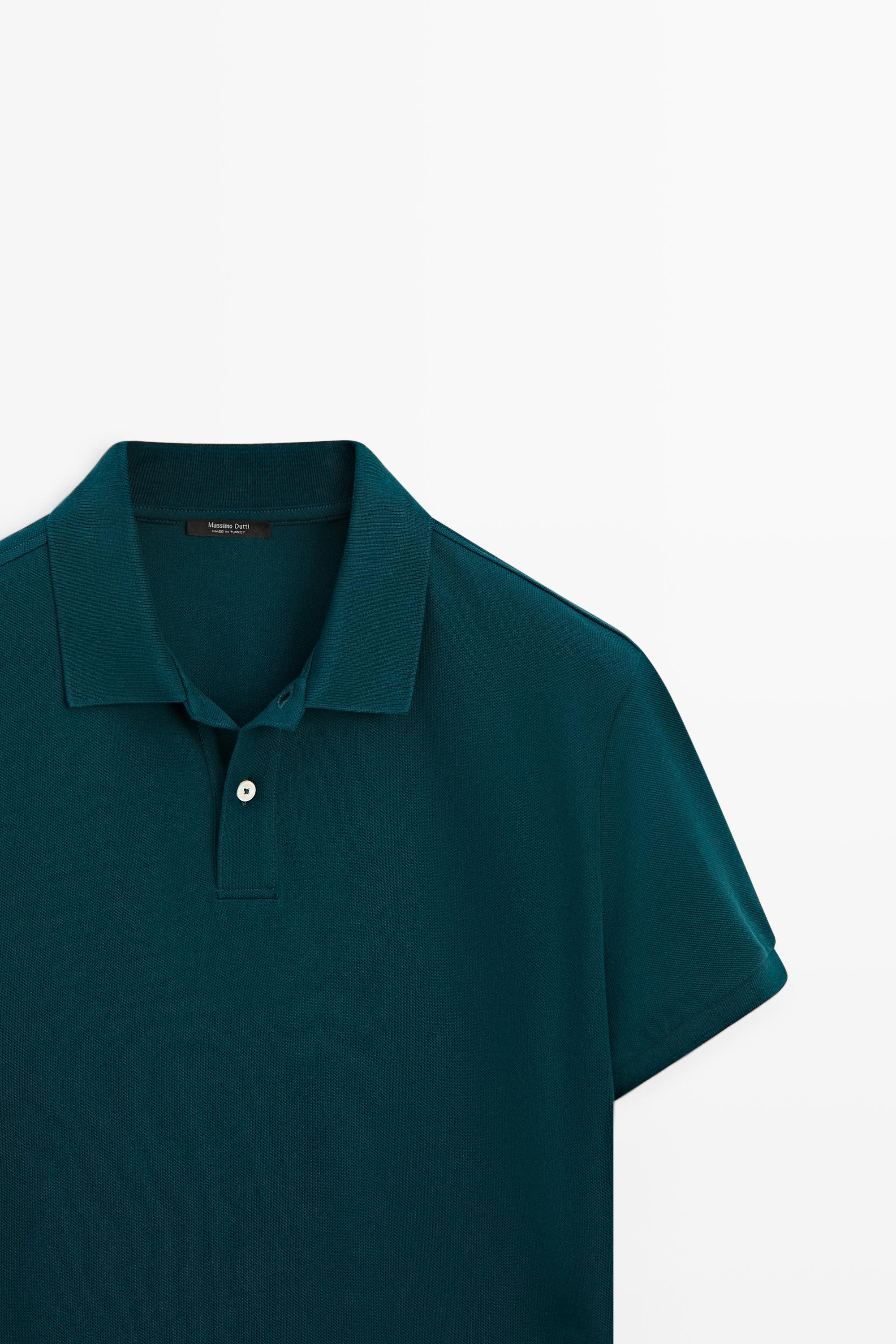 Micro-textured cotton piqué polo shirt — GREENISH BLUE