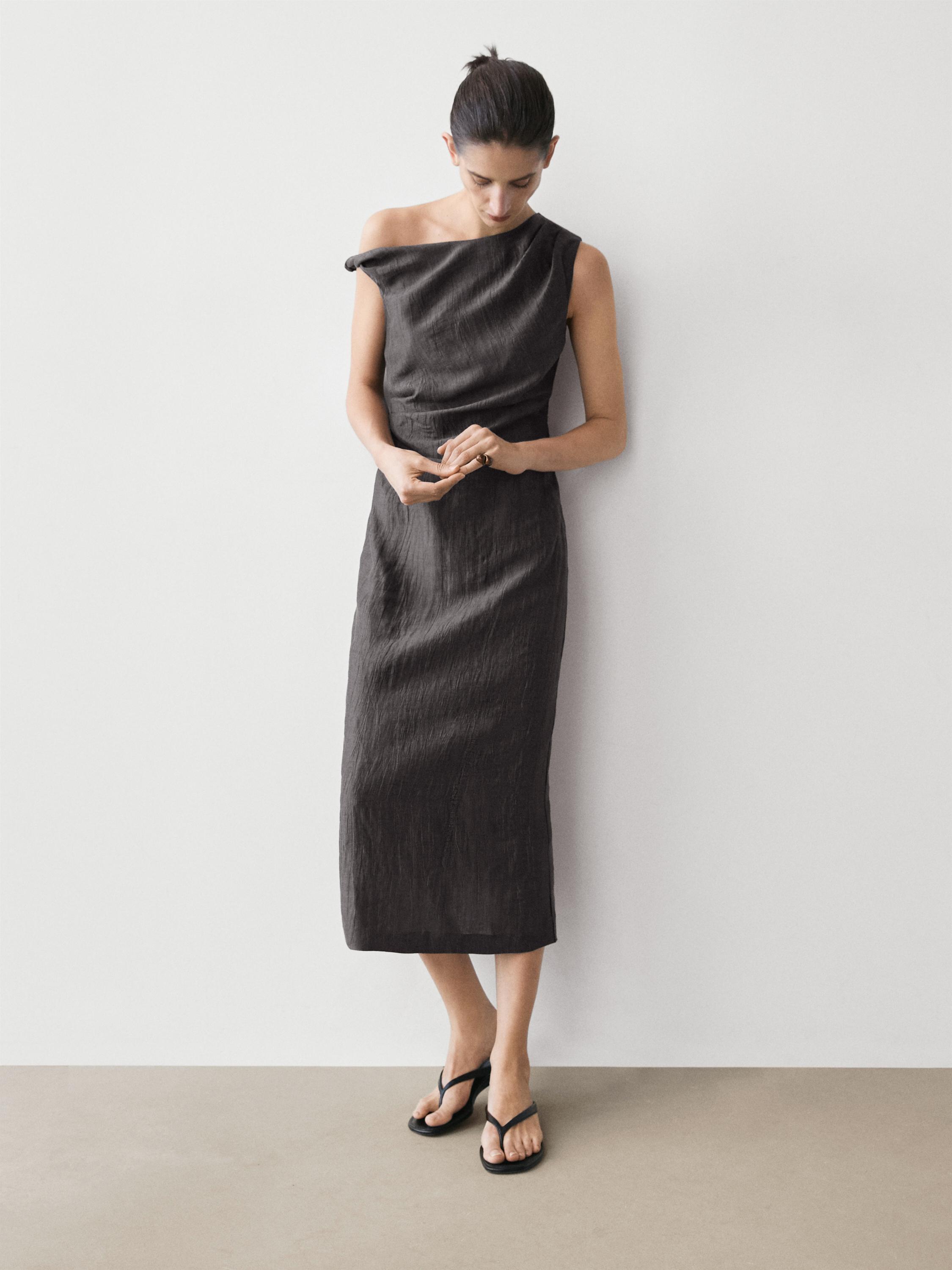 Midi dress with pleated shoulder detail — DARK GREY