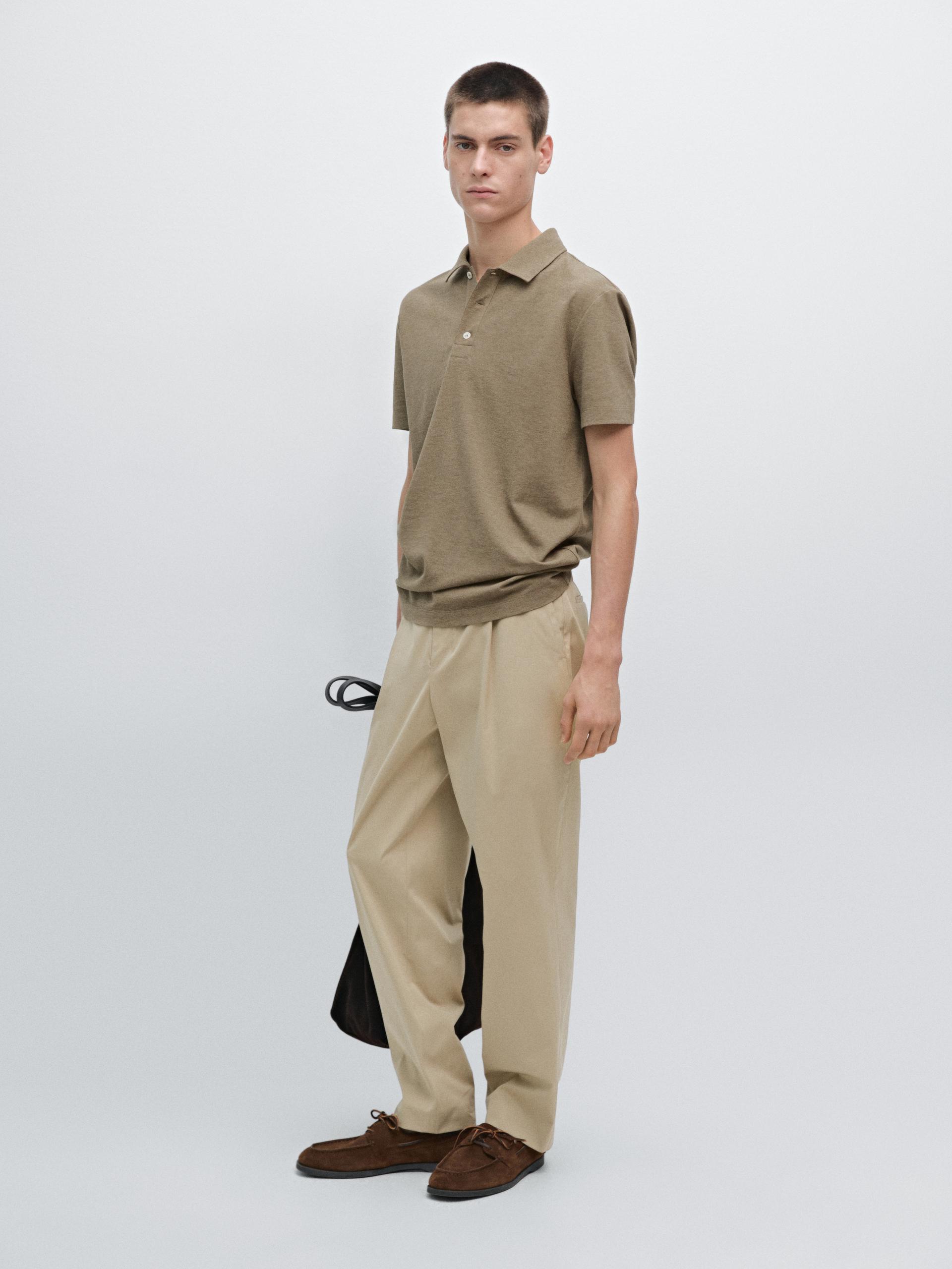 Polo A Maniche Corte In Cotone Mélange - Kaki Chiaro - Xl - Massimo Dutti - Maschile
