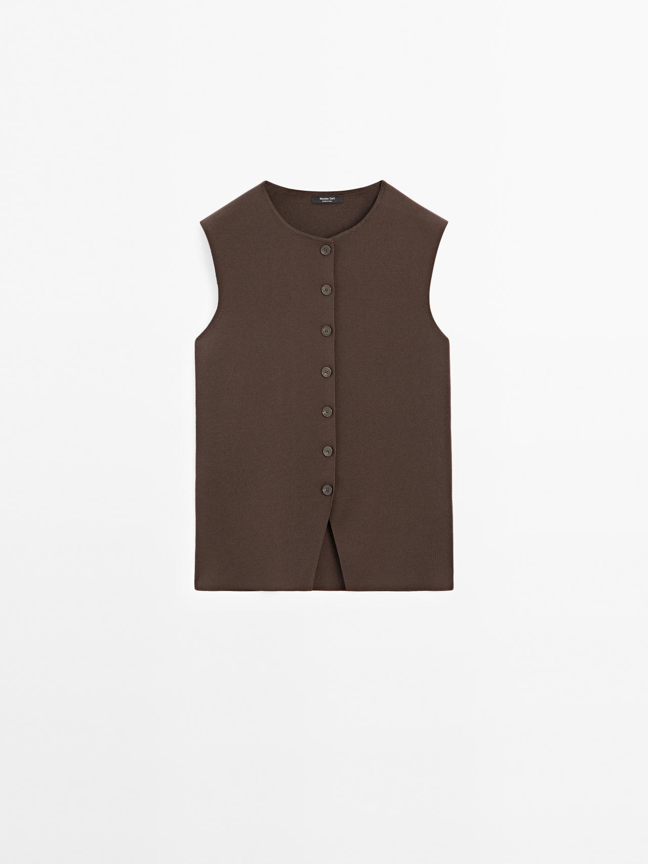 Massimo Dutti - Dame - Figursyet Vest I Strik Med Knapper - Brun - S