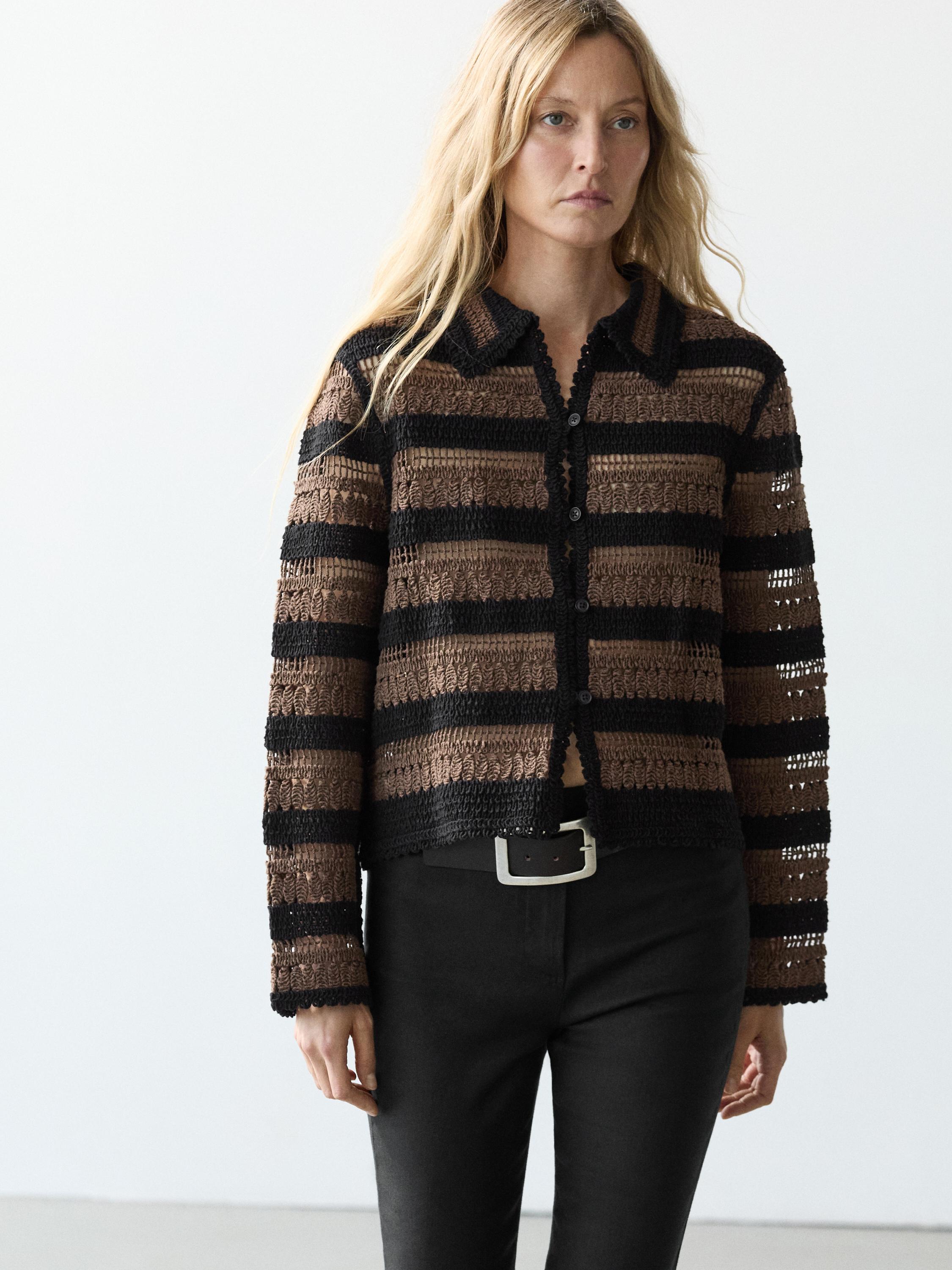 Short striped crochet knit cardigan — BROWN