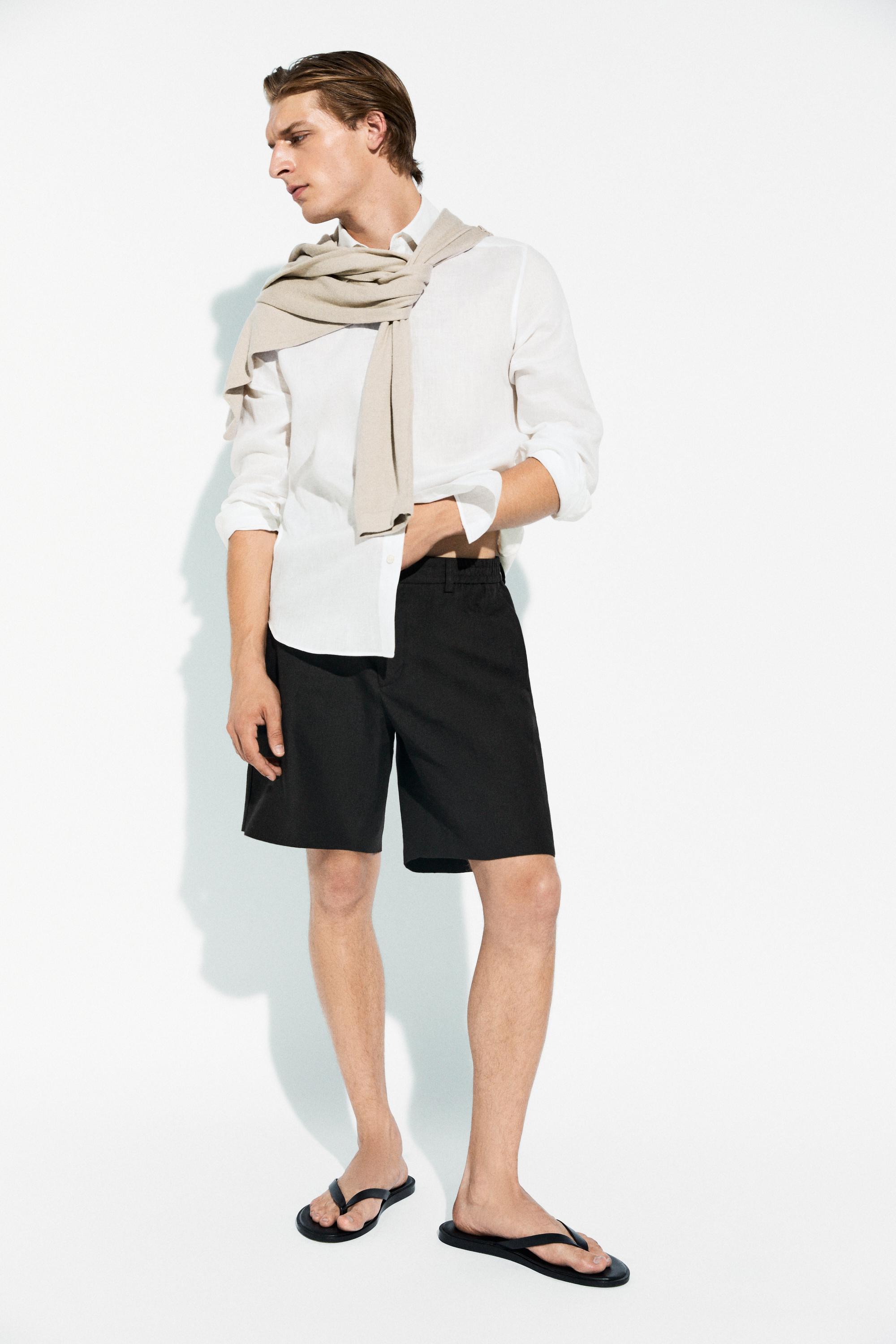 100% linen short Bermuda shorts — BLACK