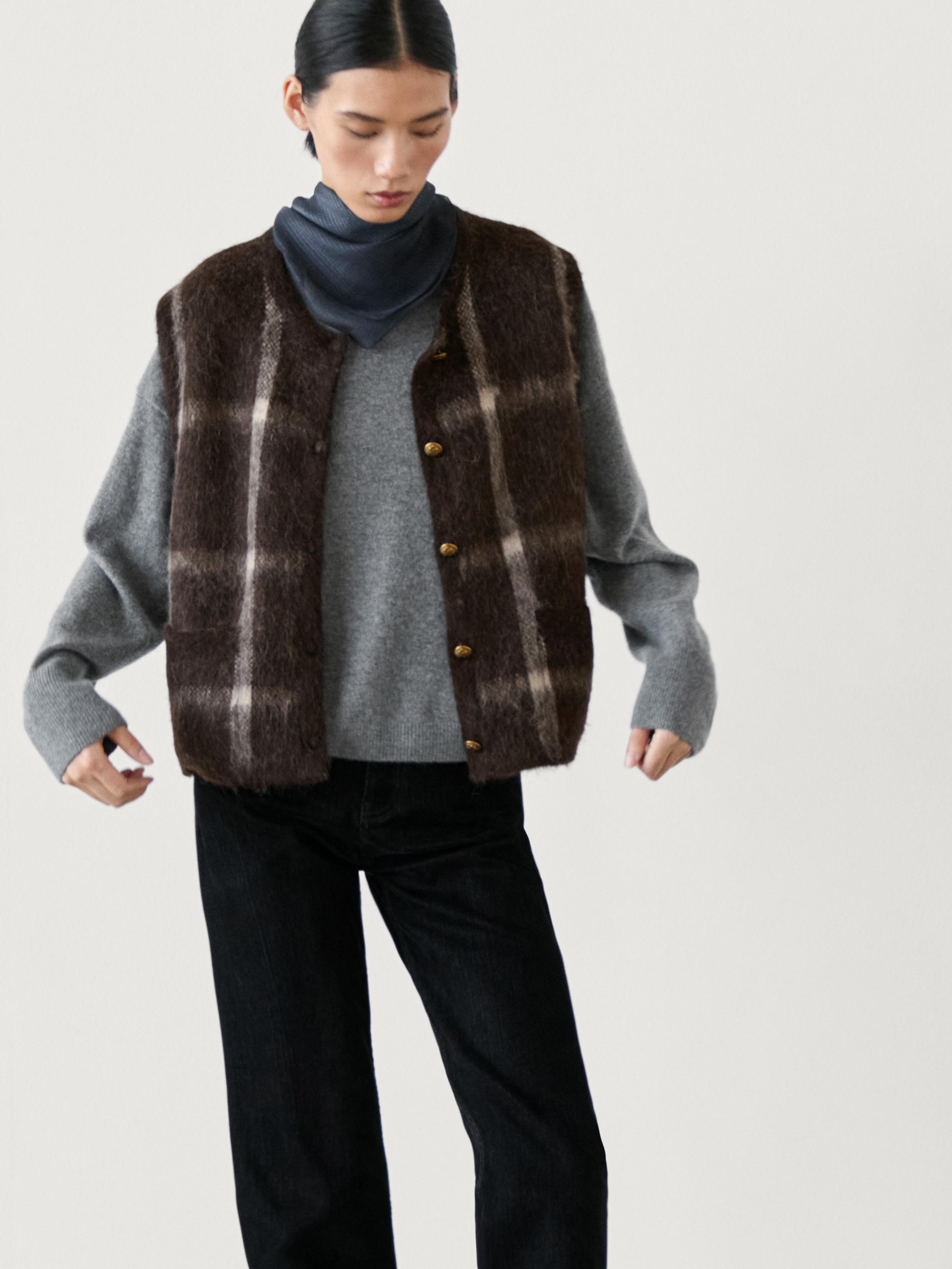 Wool blend check knit vest