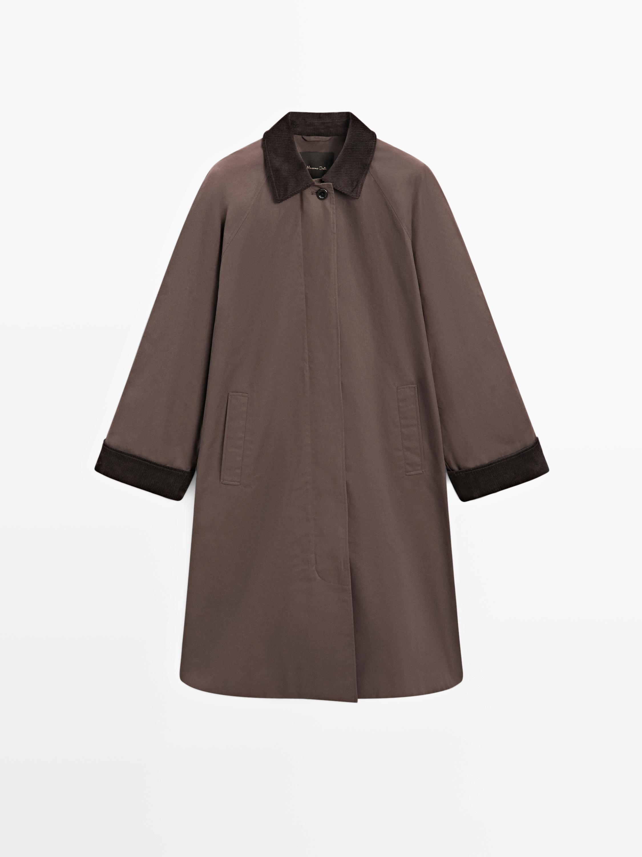 Long waxed parka with corduroy detail