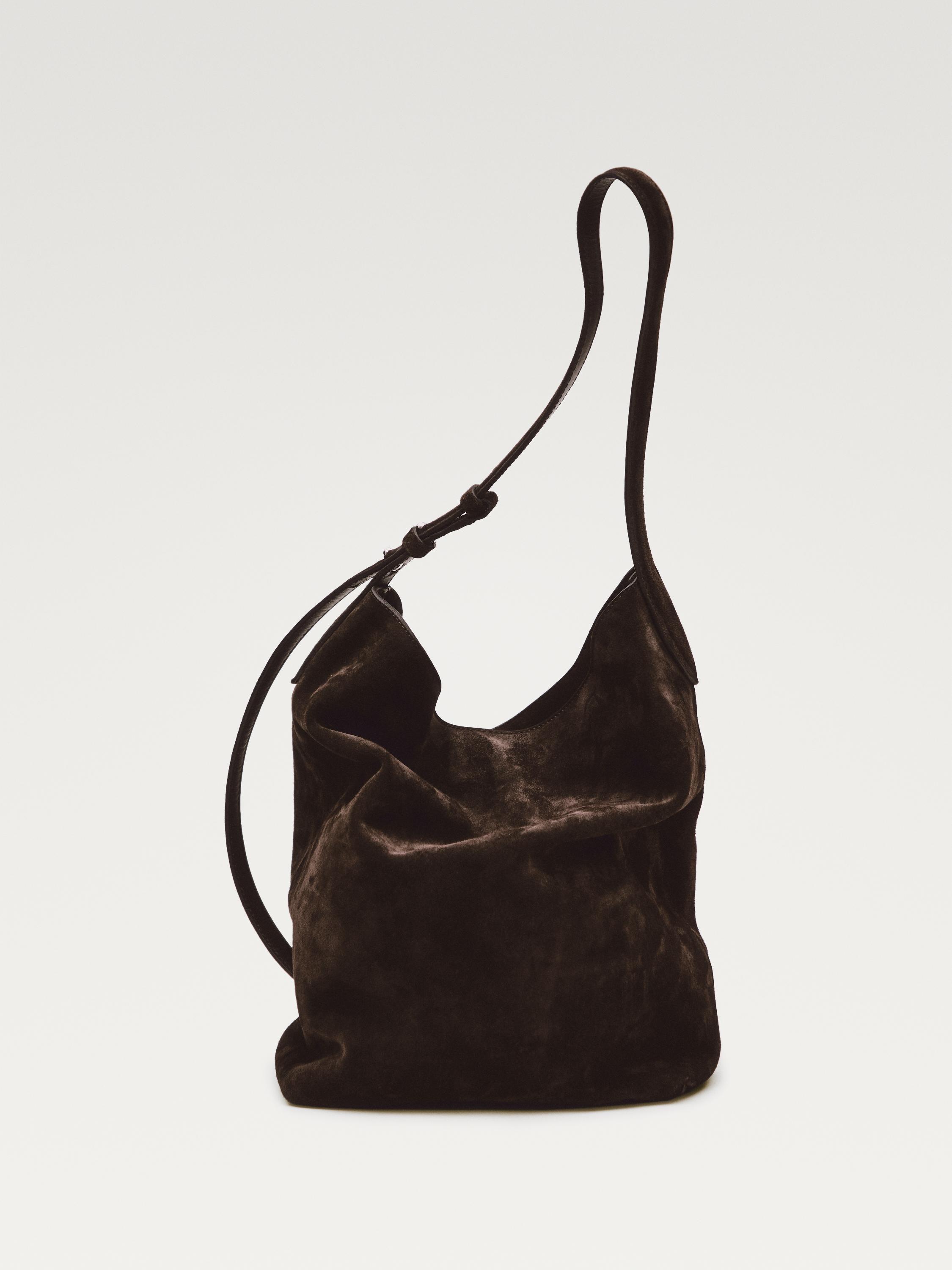 Split suede leather bucket bag — BROWN