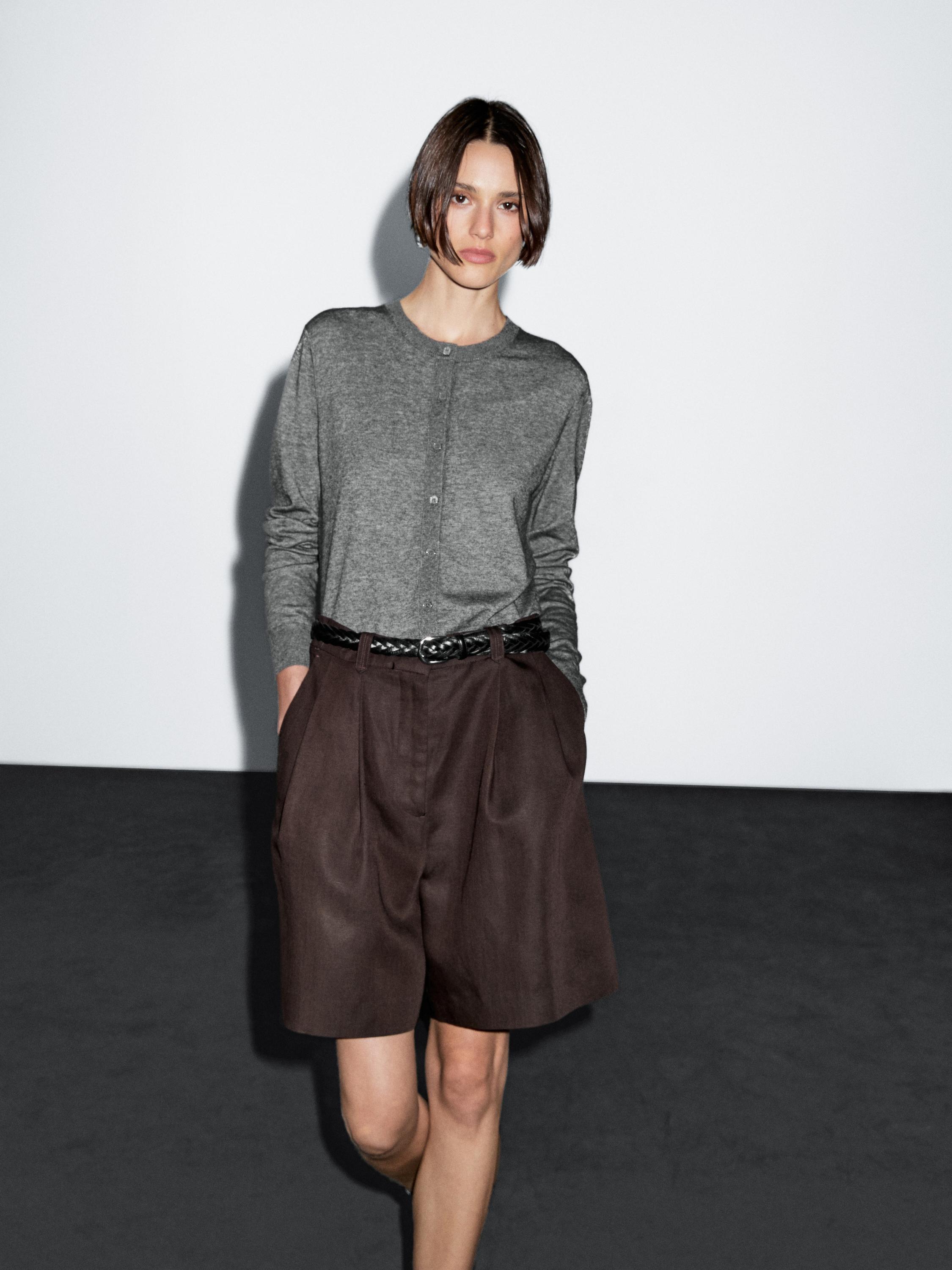 Wool blend knit cardigan with crew neck