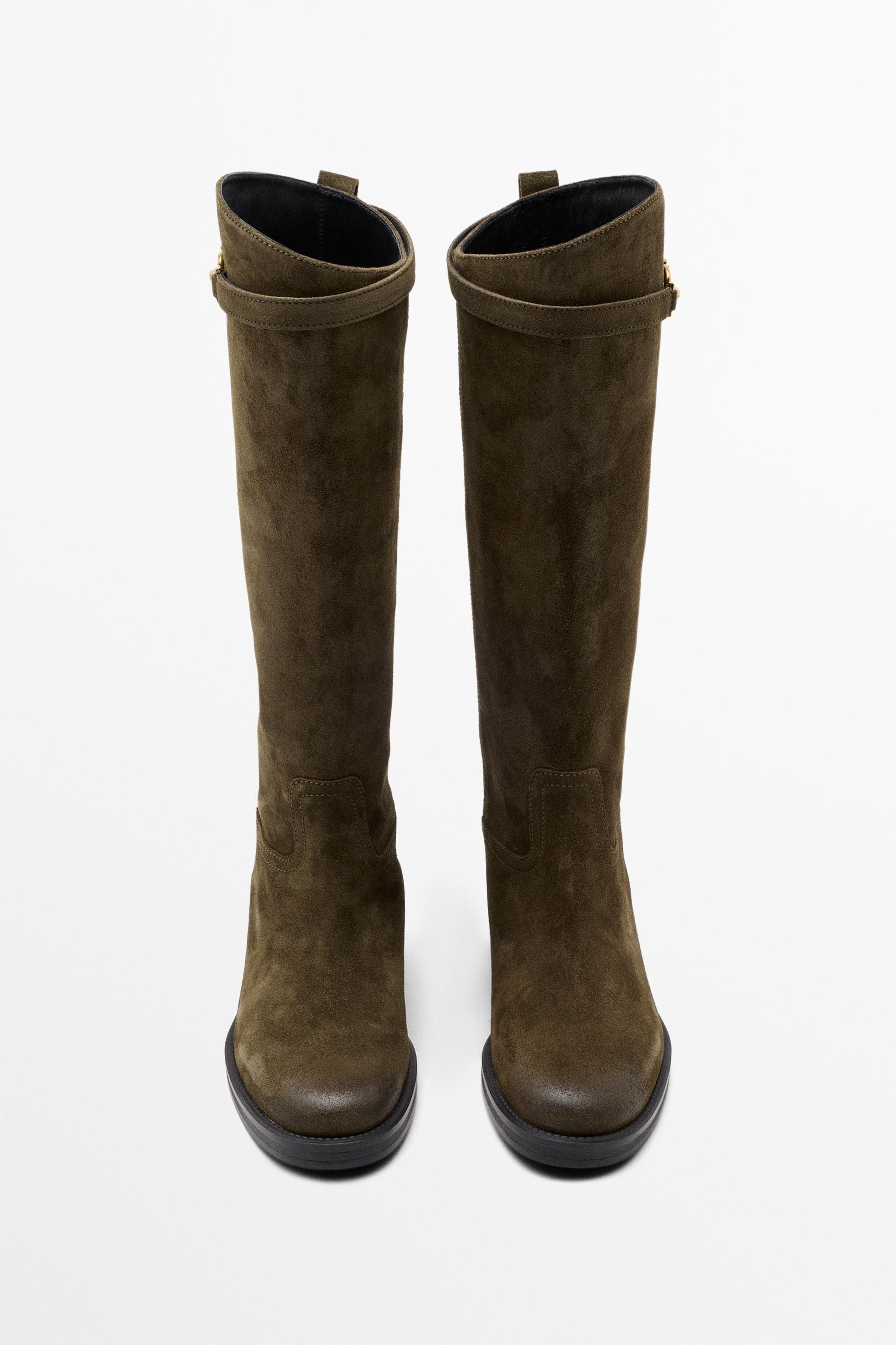 Oiled split suede riding boots — KHAKI