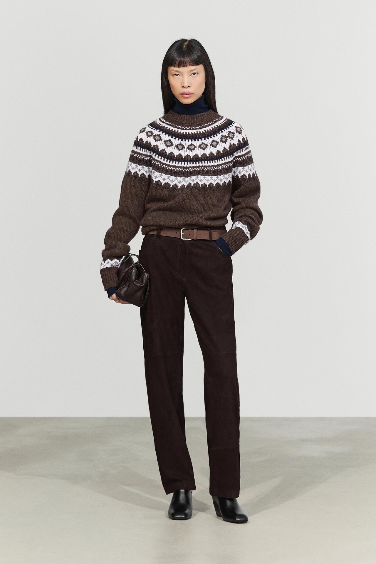 Wool blend jacquard knit sweater — BROWN