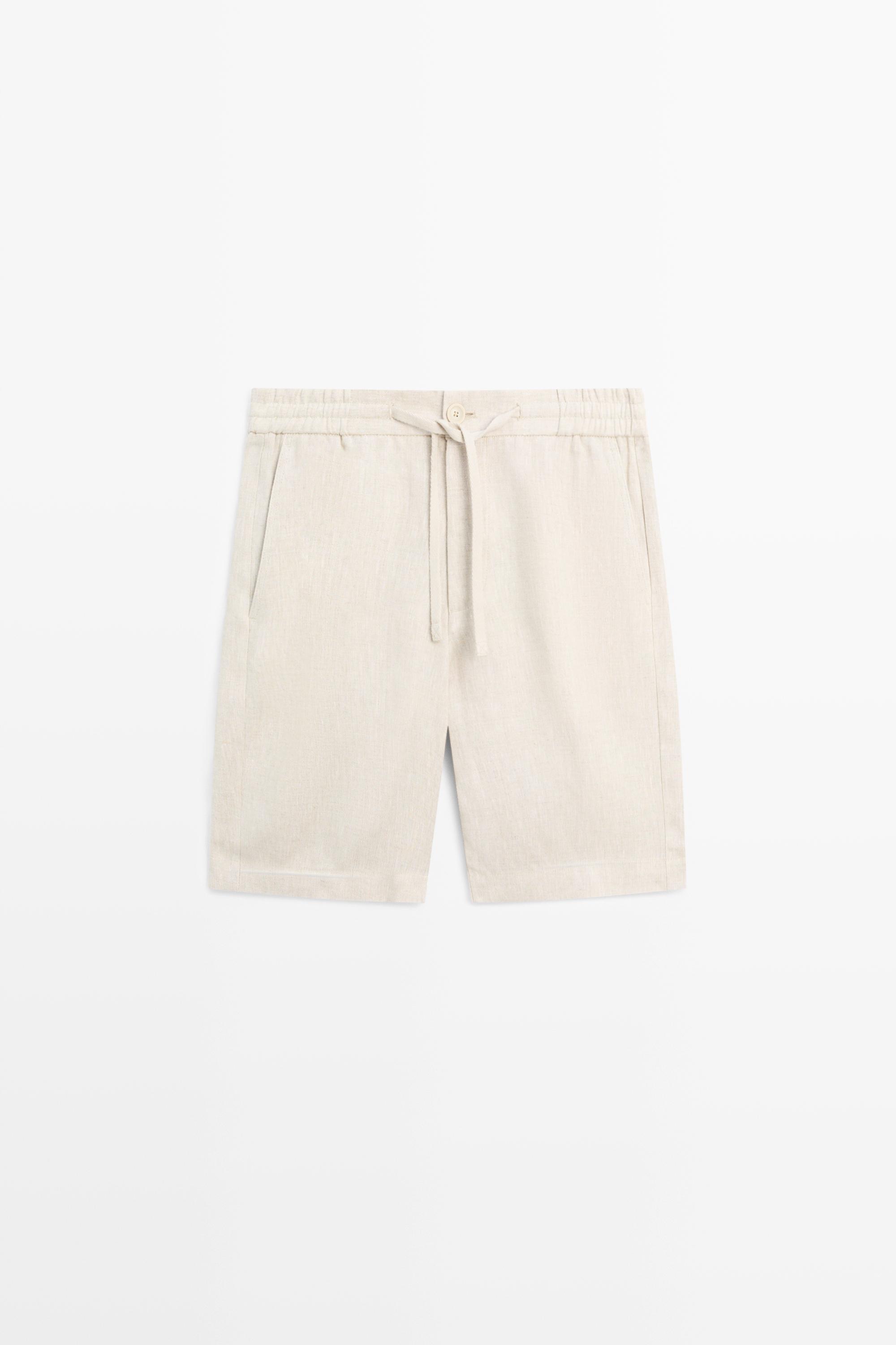 Linen Bermuda shorts with elasticated waistband — CREAM
