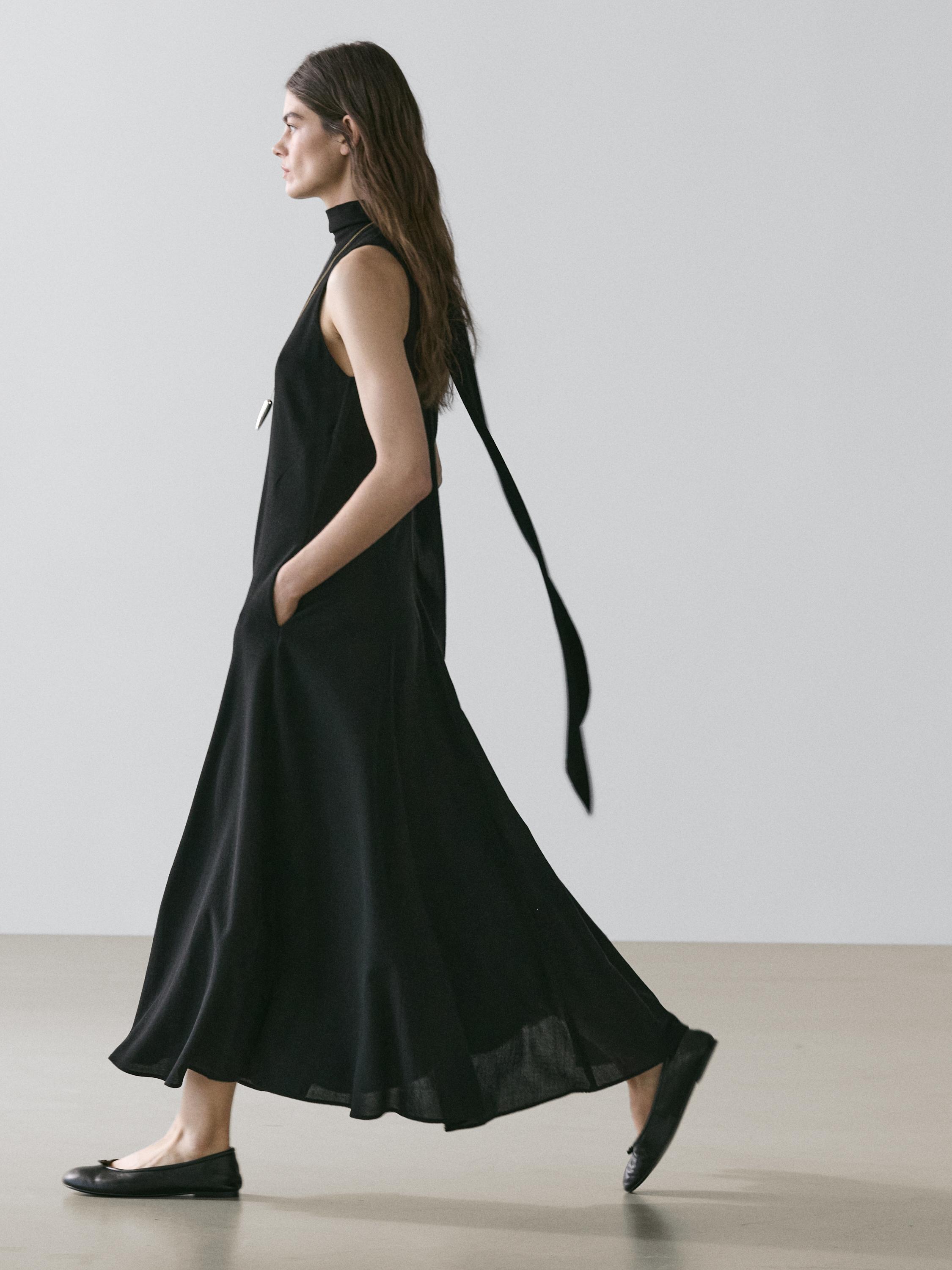 Halter Neck Midi Dress With Tie Detail - Black - S - Massimo Dutti - Women Halter Neck Midi Dress With Tie Detail - Black - S - Massimo Dutti - Women