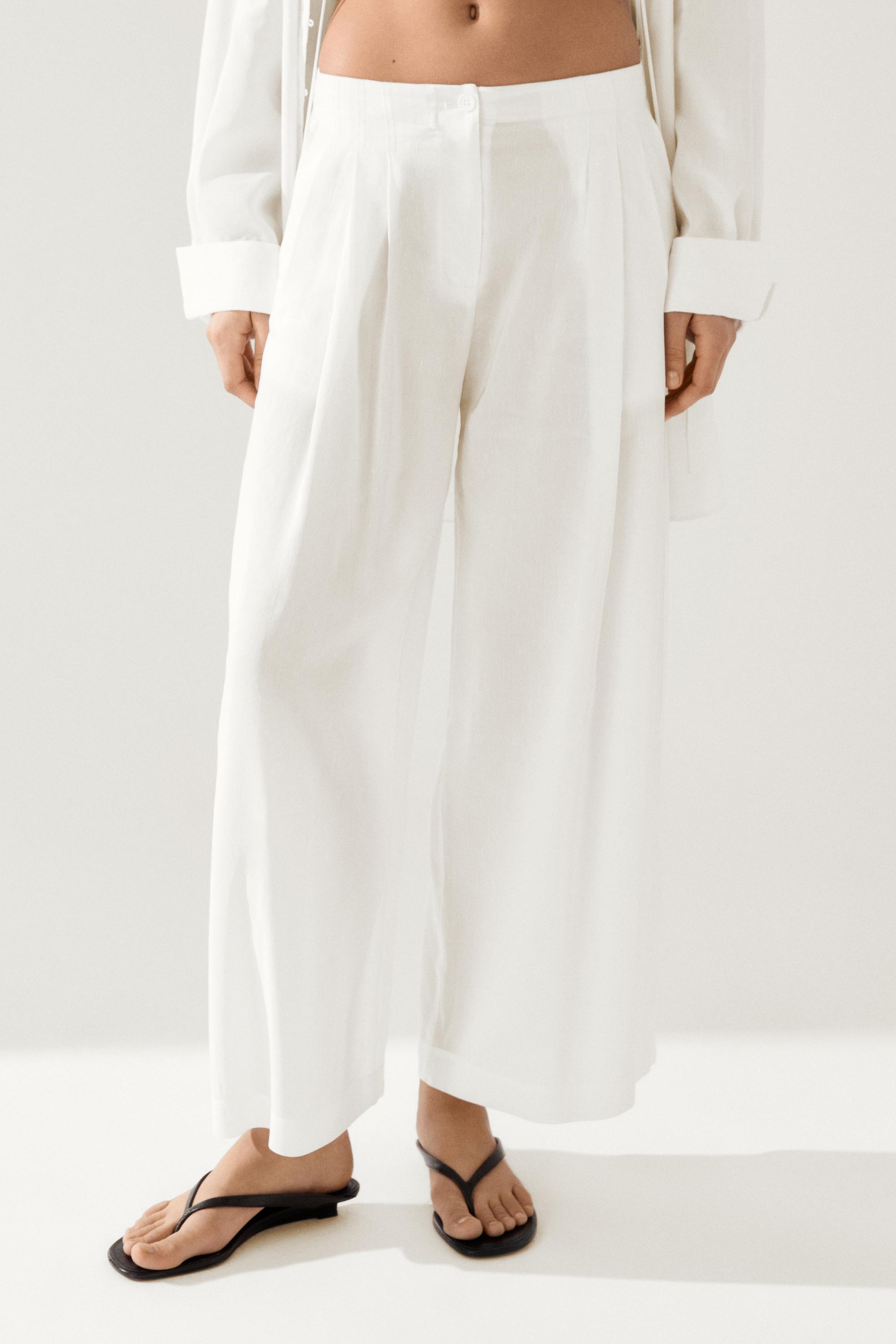 Flowing linen blend trousers — Off white