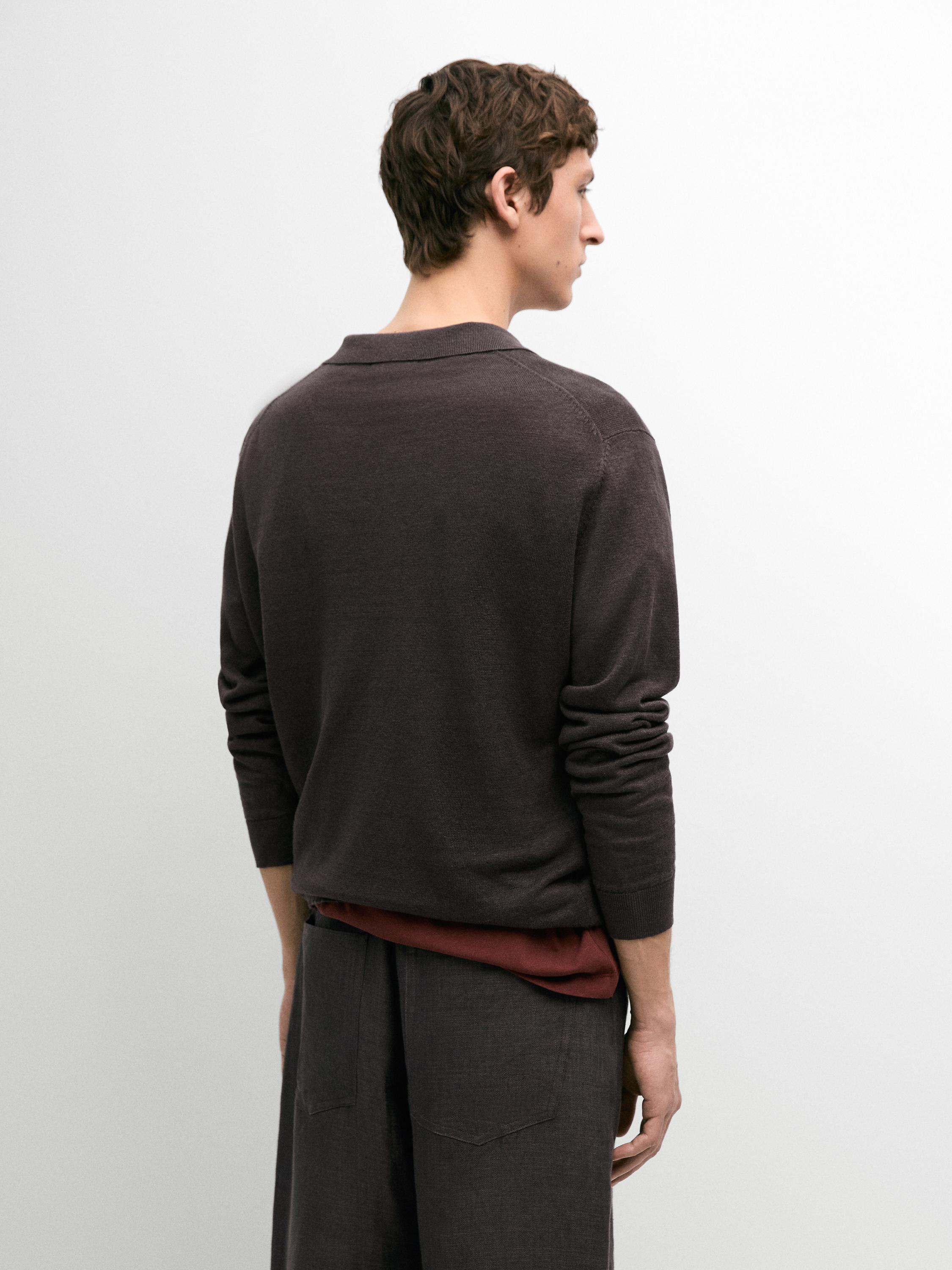 100% linen knit polo collar sweater — DARK BOTTLE GREEN