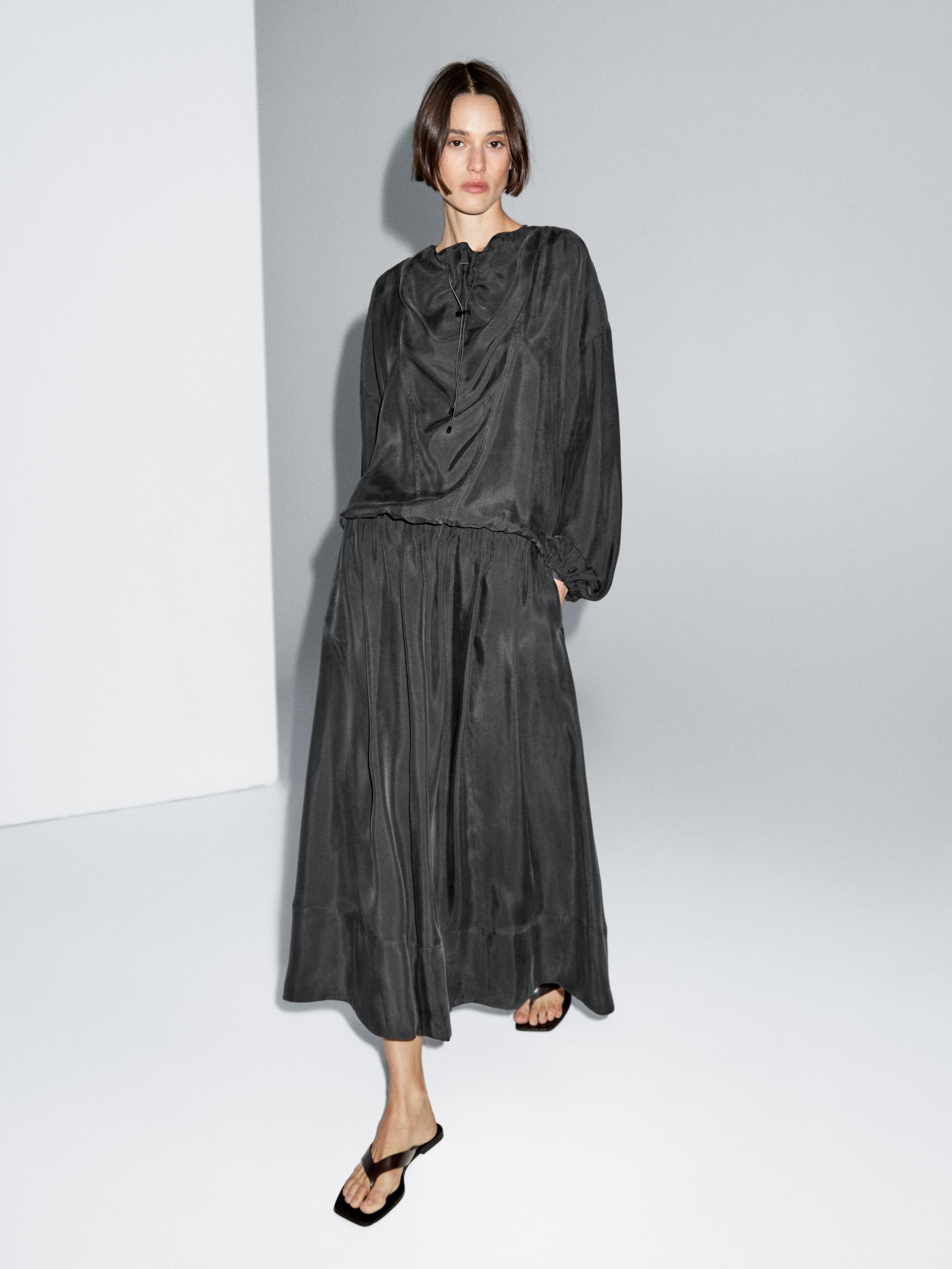 Cotton blend knit flared midi skirt