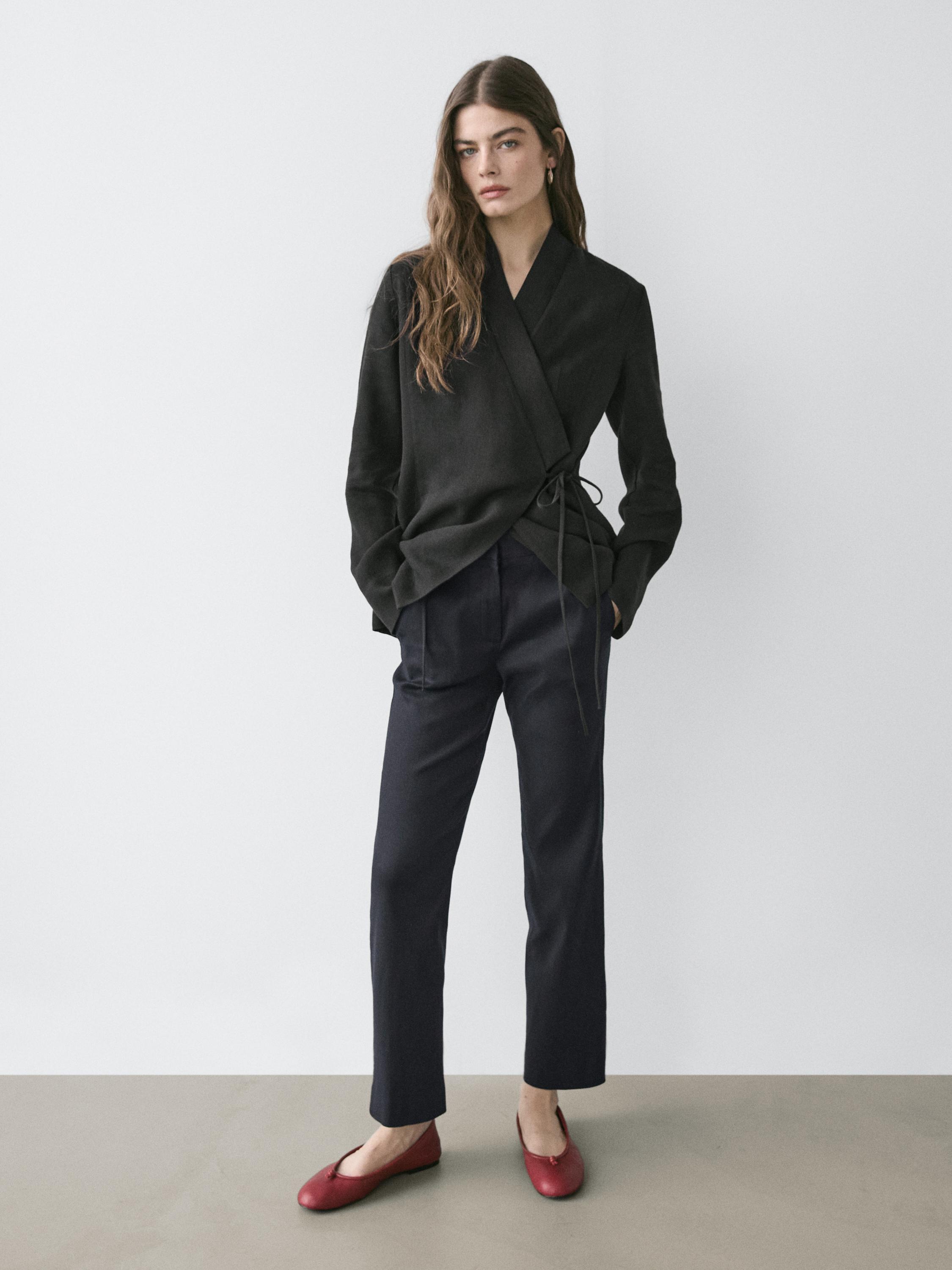 Straight-leg linen blend trousers — NAVY BLUE