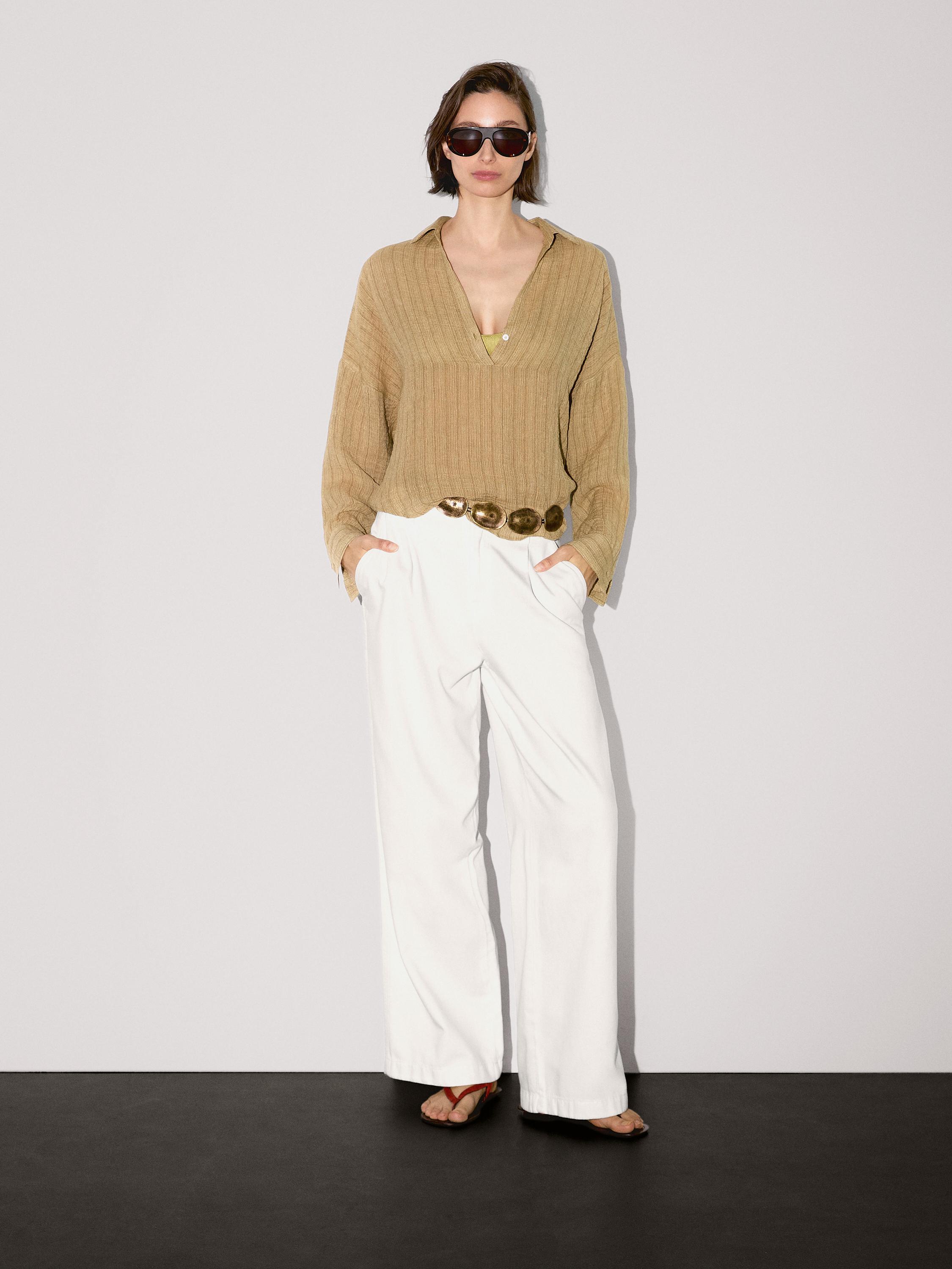 Linen blend open polo collar blouse