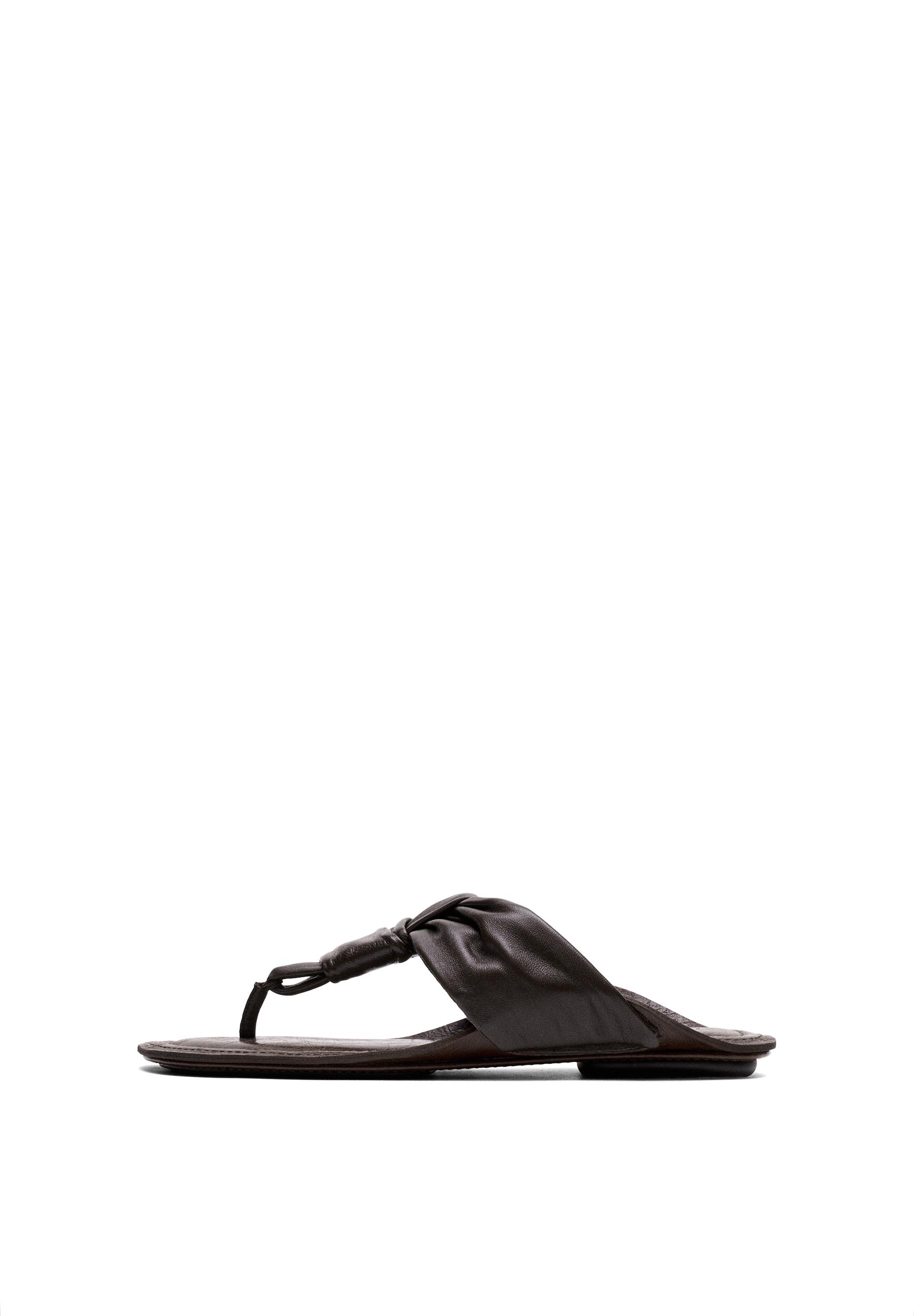 Gathered leather sandals with knot — BROWN