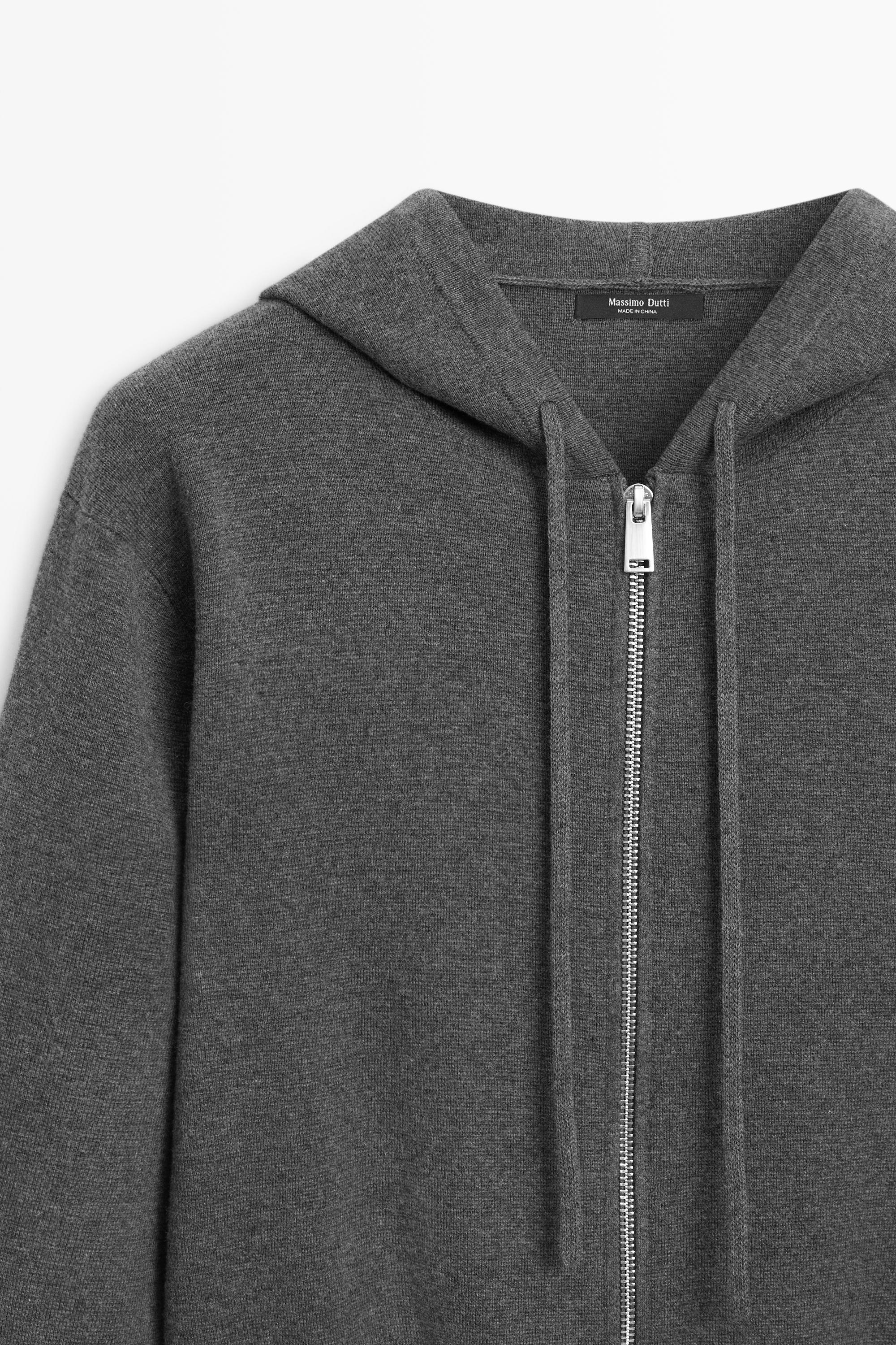 Cotton blend knit hooded cardigan — GREY