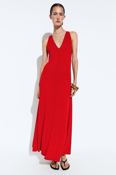 V-neck knit midi dress — RED 1