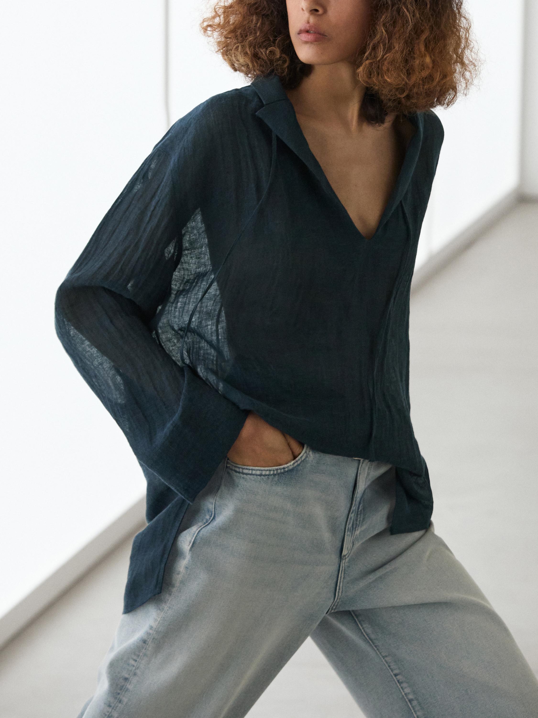 100% linen flowing collared blouse — LEAD