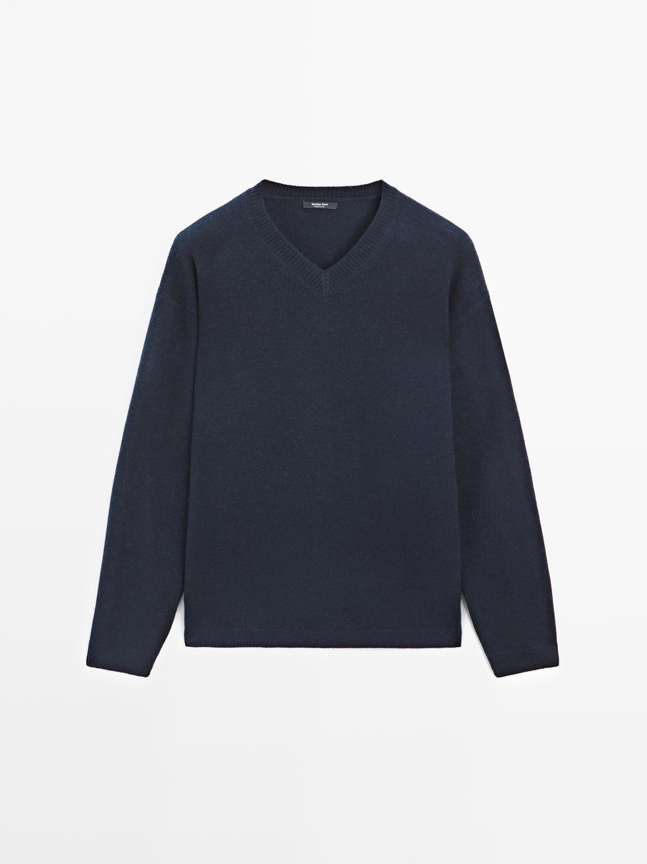 Massimo Dutti - Dame - Oversize Sweater I Strik Med V-Udskæring - Blå - Xs