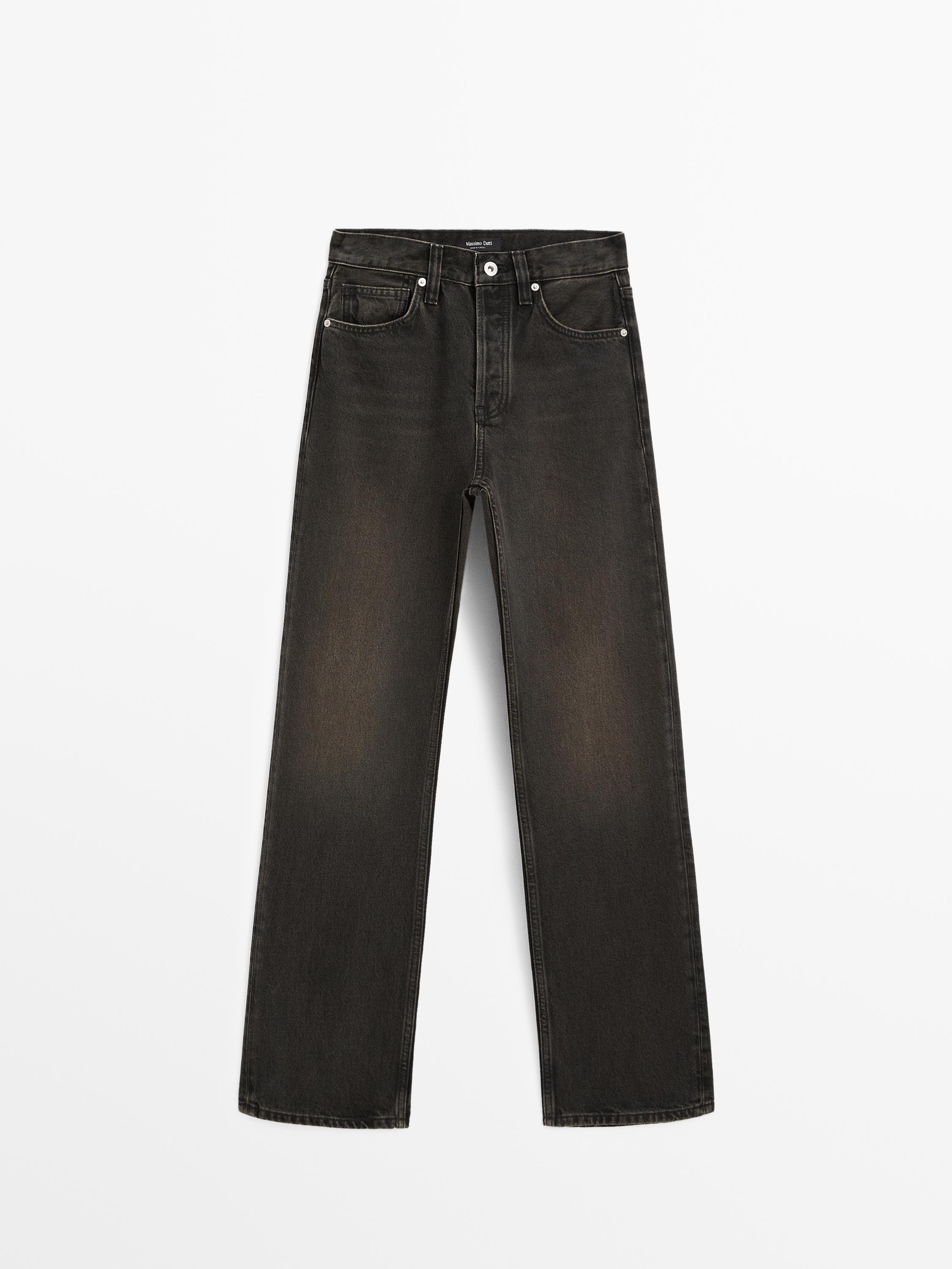 High-waist straight-leg cotton blend jeans