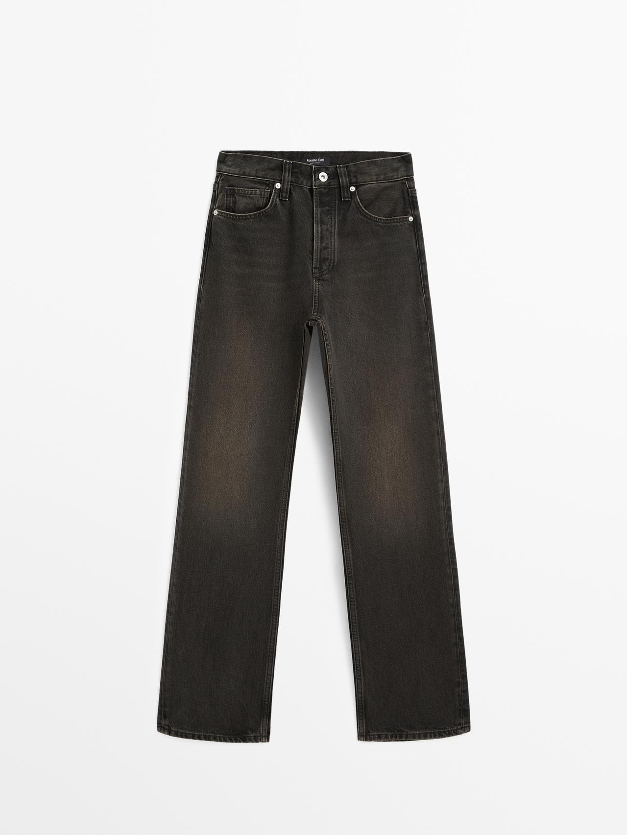 Jeans Straight Fit Tiro Alto - Gris-Natural - 34 - Massimo Dutti - Mujer