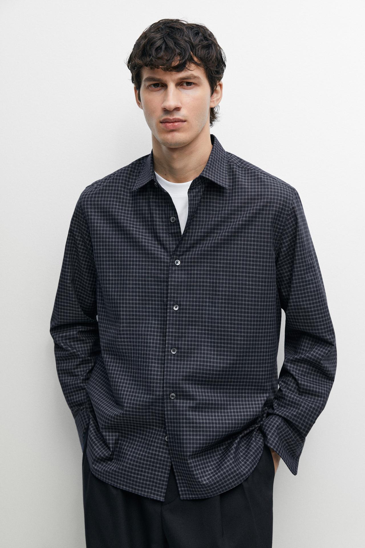 Regular fit check 100% cotton shirt — NAVY BLUE