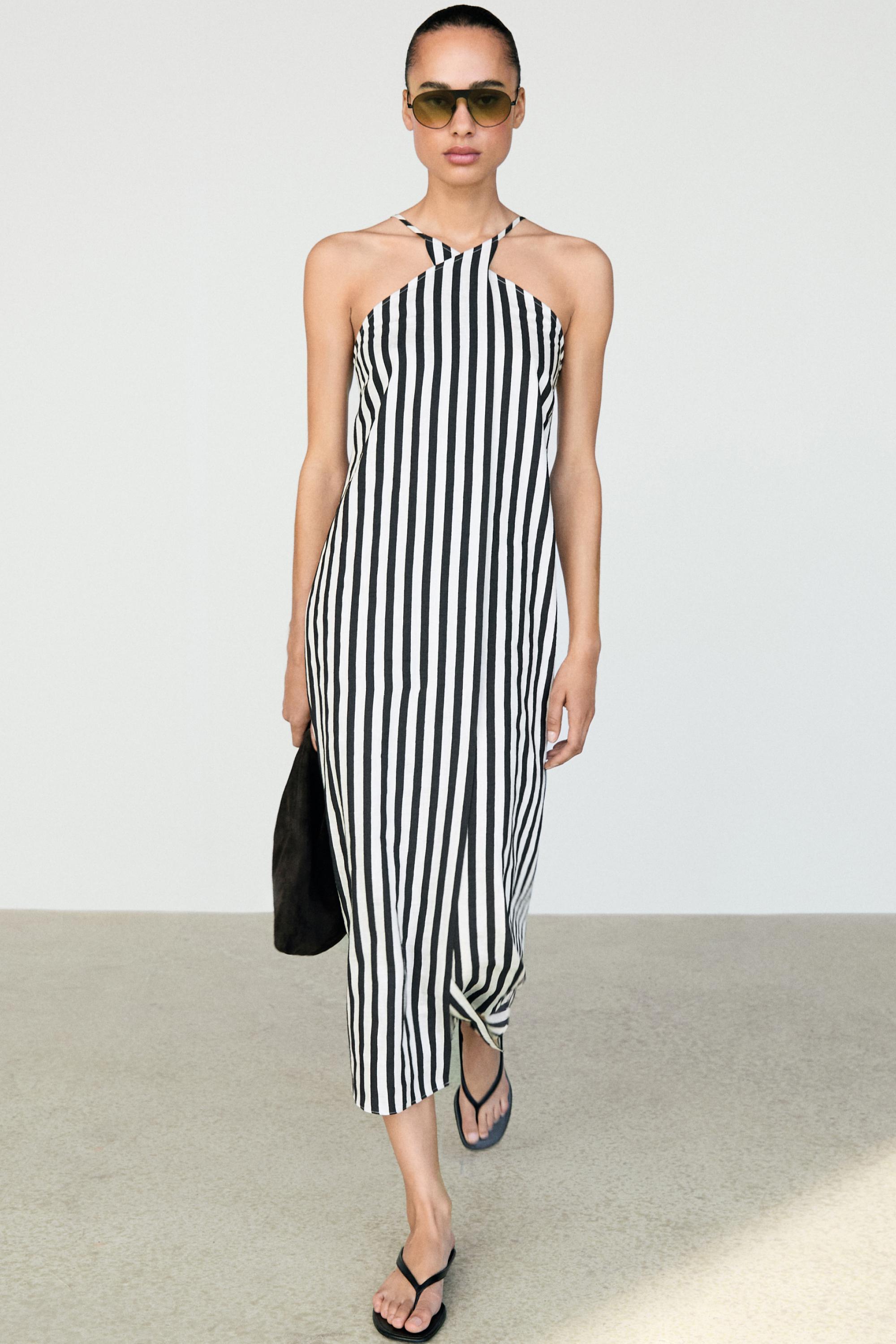 Striped midi dress with crisscross straps — BLACK