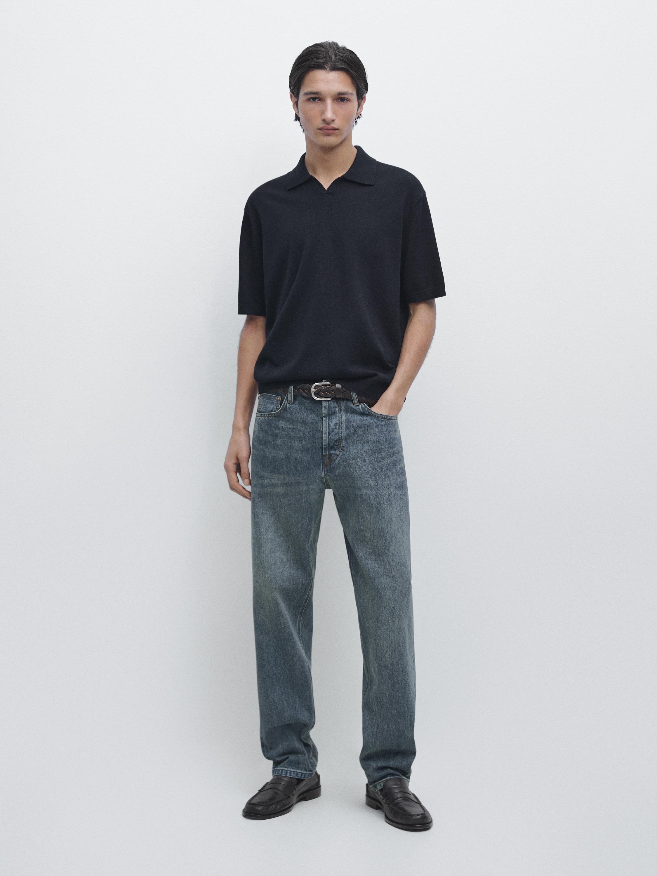 Cotton blend knit polo sweater — NAVY BLUE