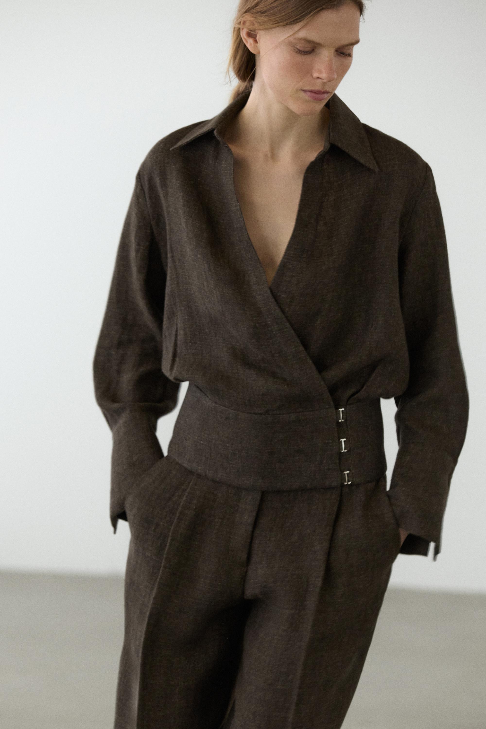 Total look melange linen overshirt — MOLE BROWN