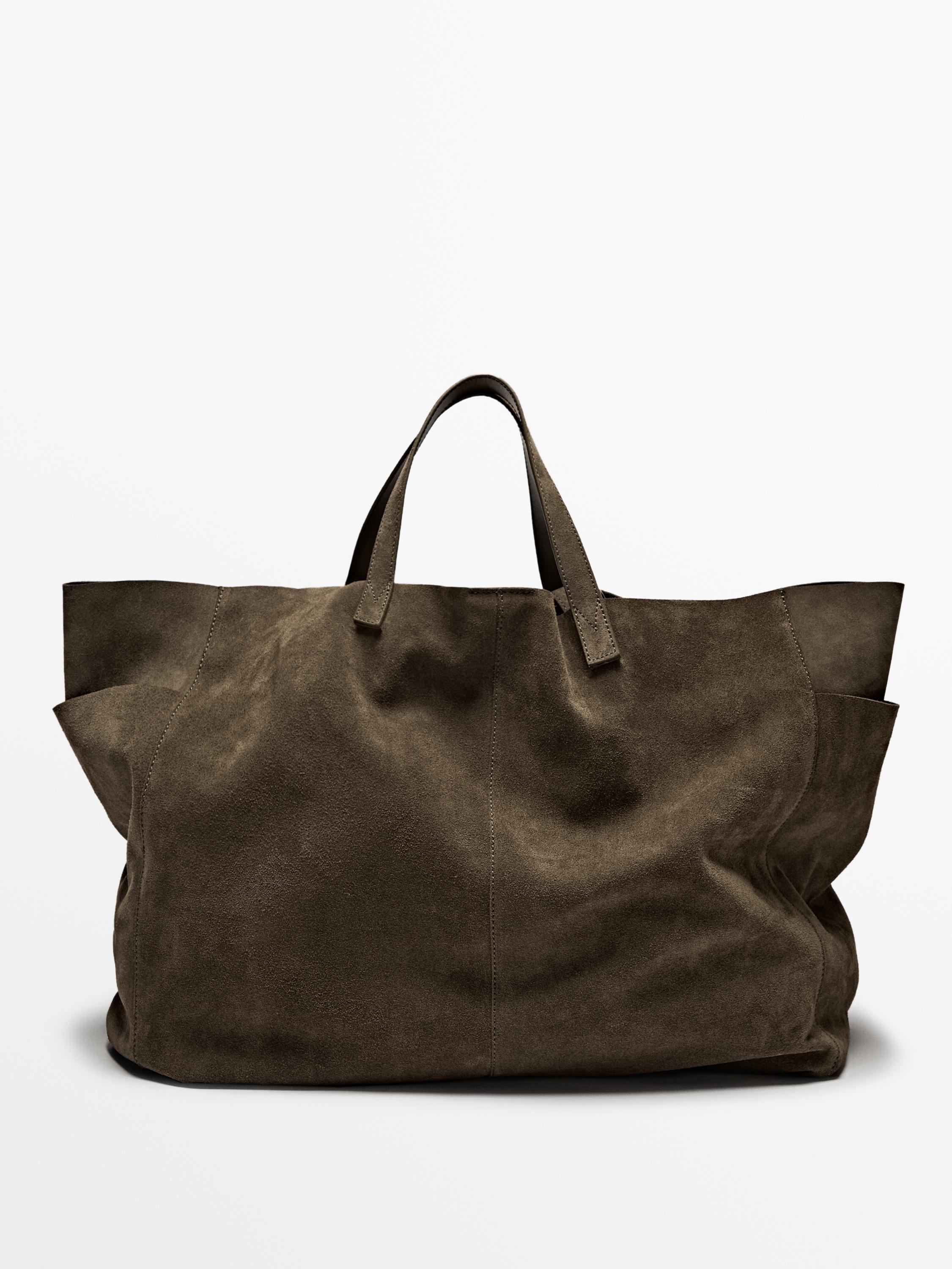 Большая замшевая сумка · Зеленый, Коричневый · Аксессуары | Massimo Dutti