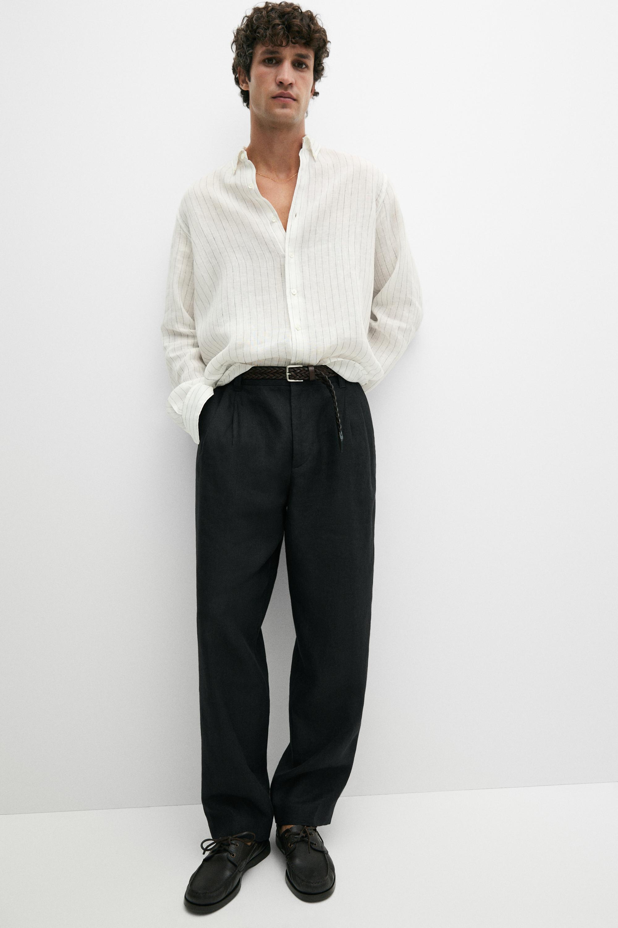 100% linen trousers with double darts — BLACK