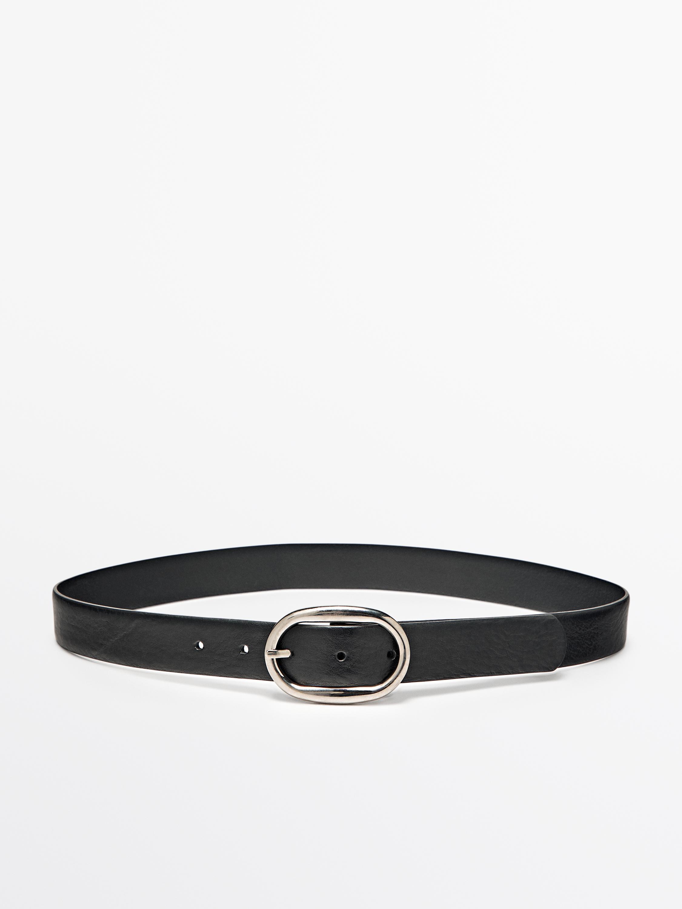 Leather belt with oval buckle