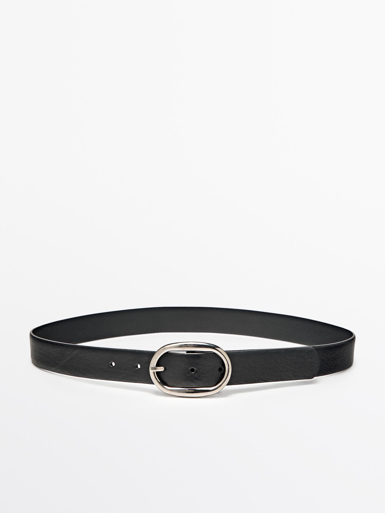 Massimo Dutti - Dame - Bælte I Skind Med Ovalt Spænde - Sort - L / 90cm