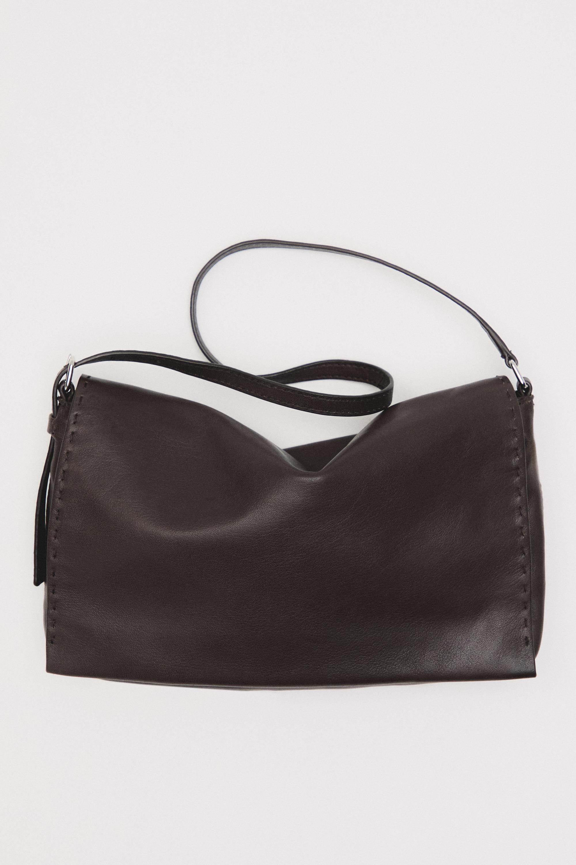 Nappa leather crossbody bag with topstitching — BROWN