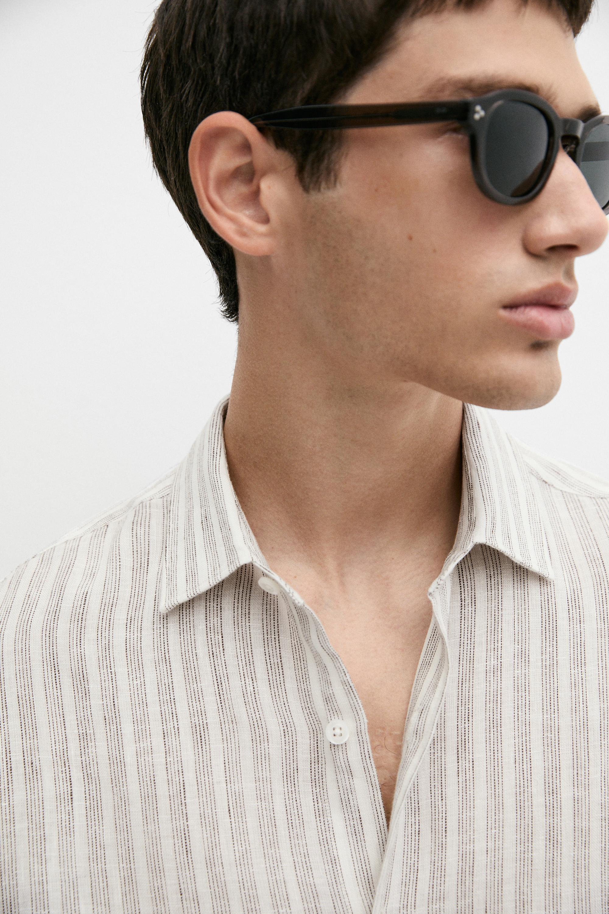 100% linen regular fit striped shirt — BROWN