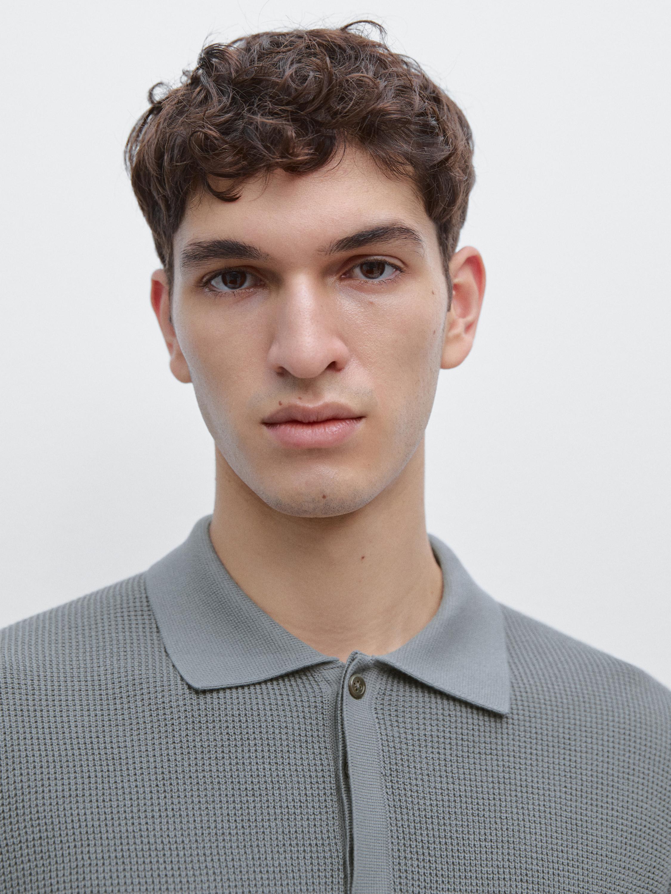 Textured cotton knit polo shirt — DEEP BLUE