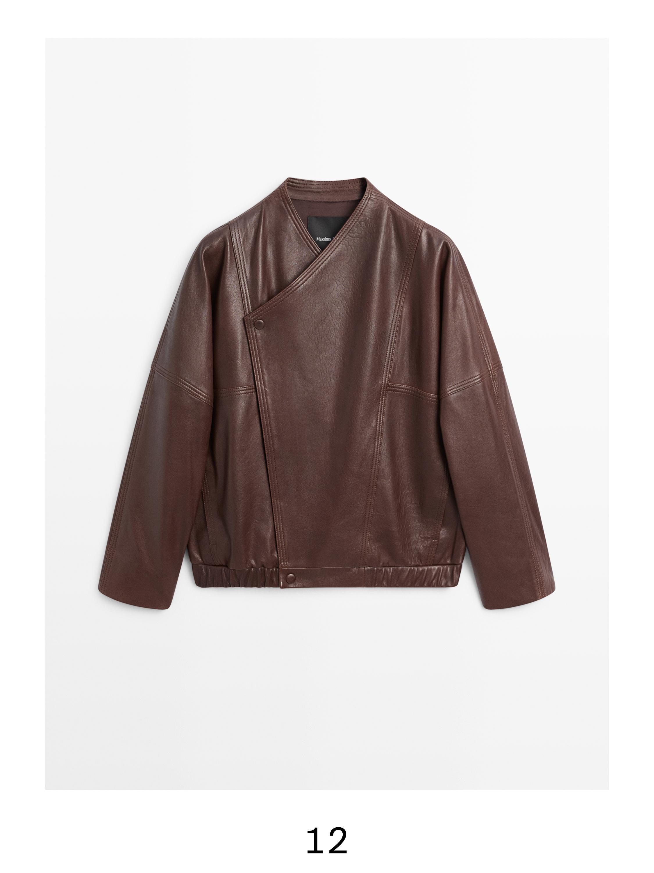 Asymmetric nappa leather bomber jacket — BROWN