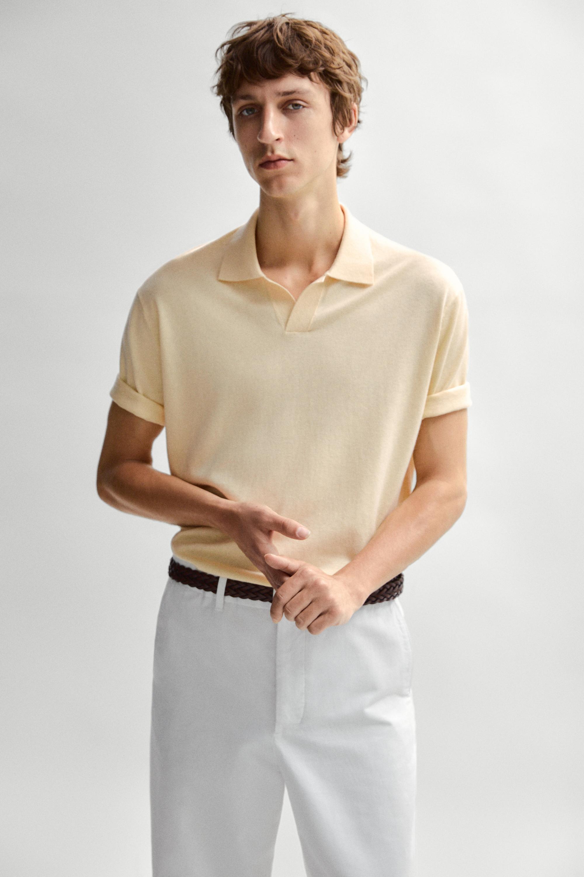 Cotton and linen knit polo sweater — Yellow