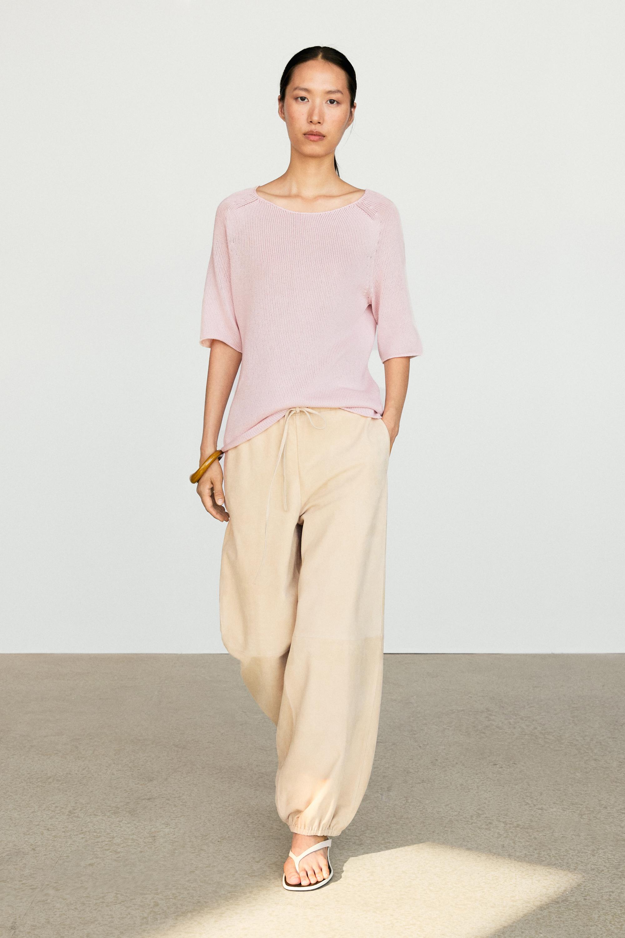 100% cotton boat neck knit sweater — PINK