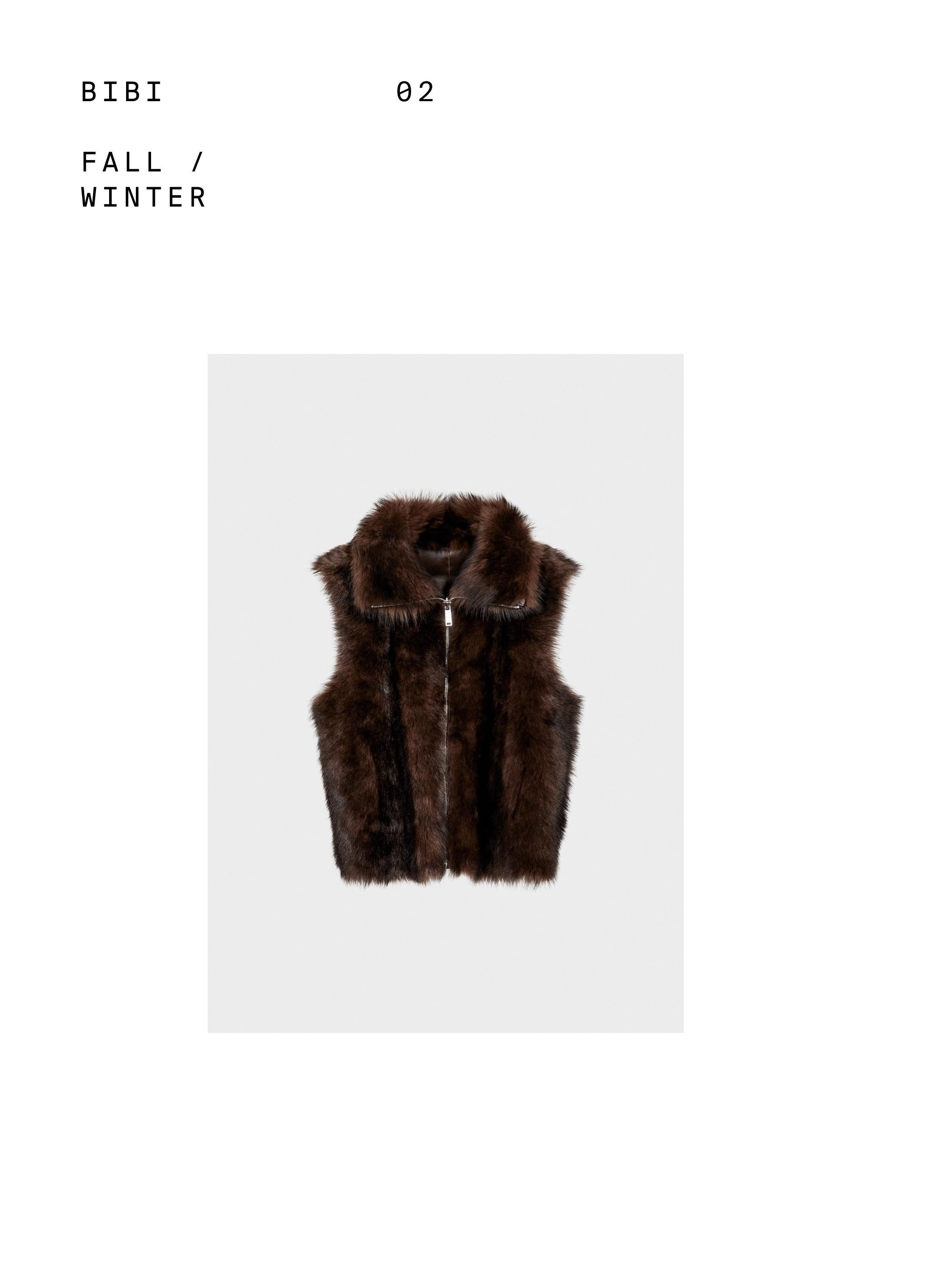 Leather high-neck waistcoat with fur — BROWN