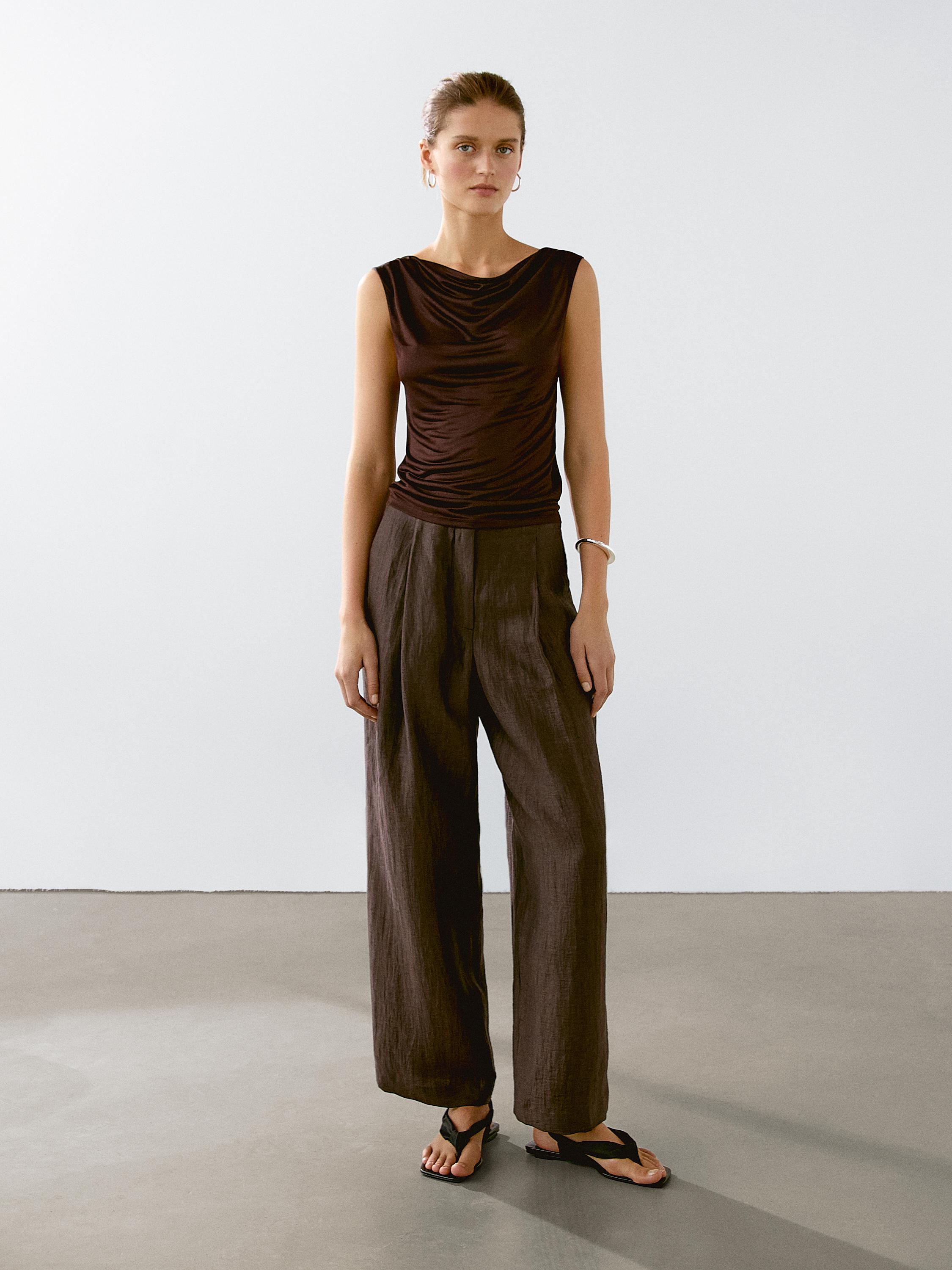 Pantalon à pinces fluide en lin mélangé · Aubergine · Pantalons