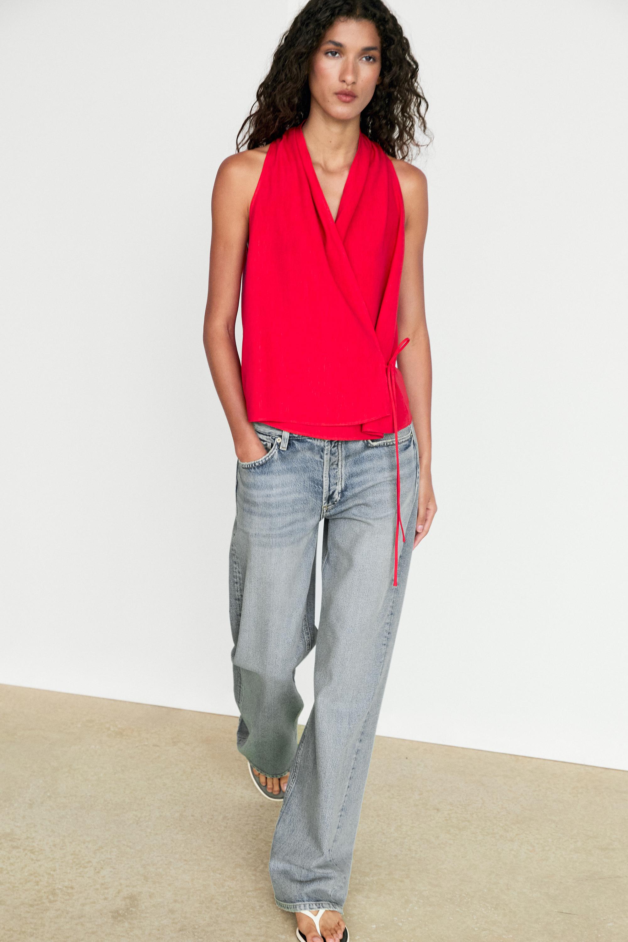Linen halter top with tie detail — RED