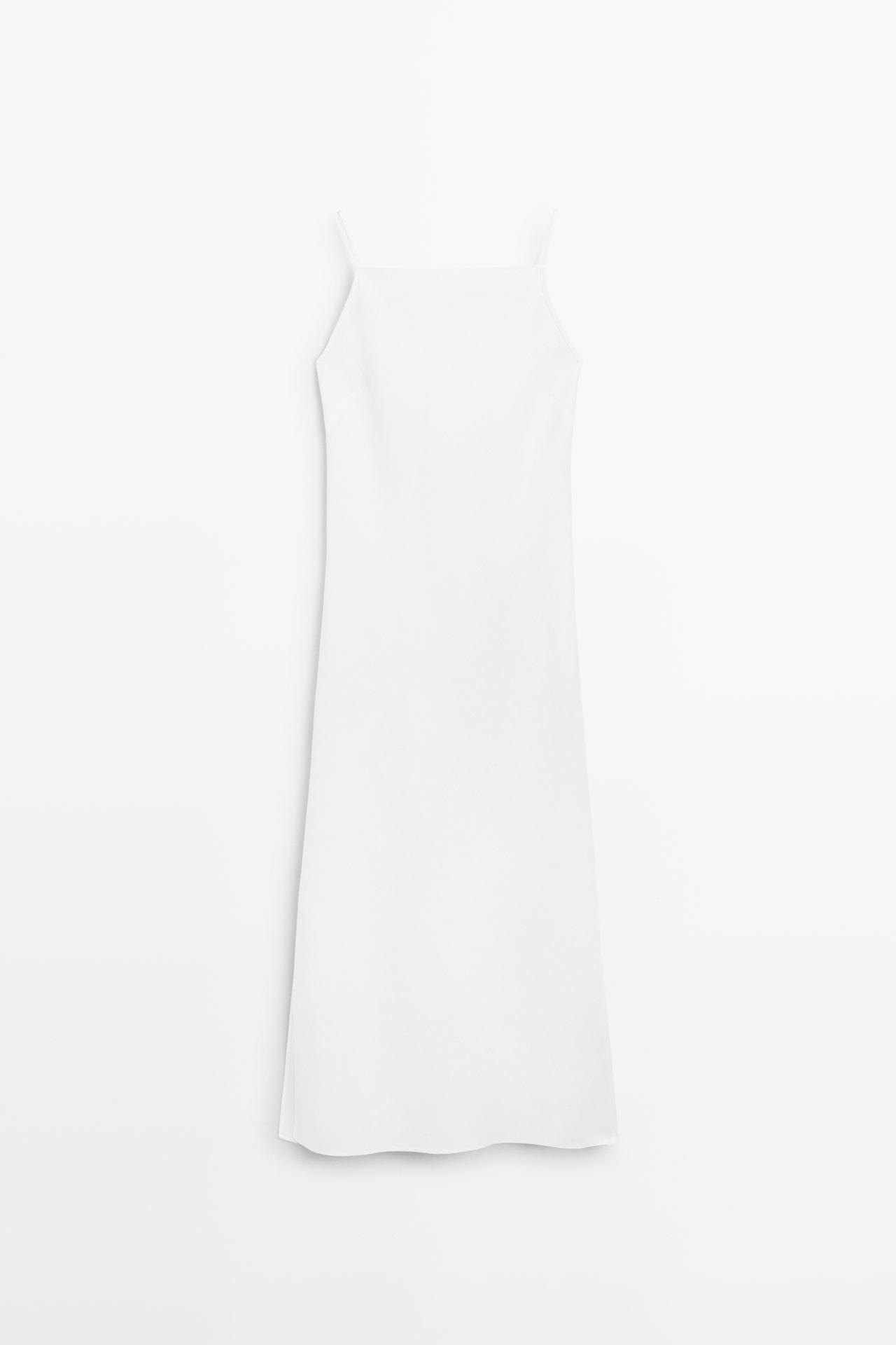 Massimo Dutti - Dames - 100% Linnen Midi-Jurk Met Rechte Halsuitsnijding - Wit - L