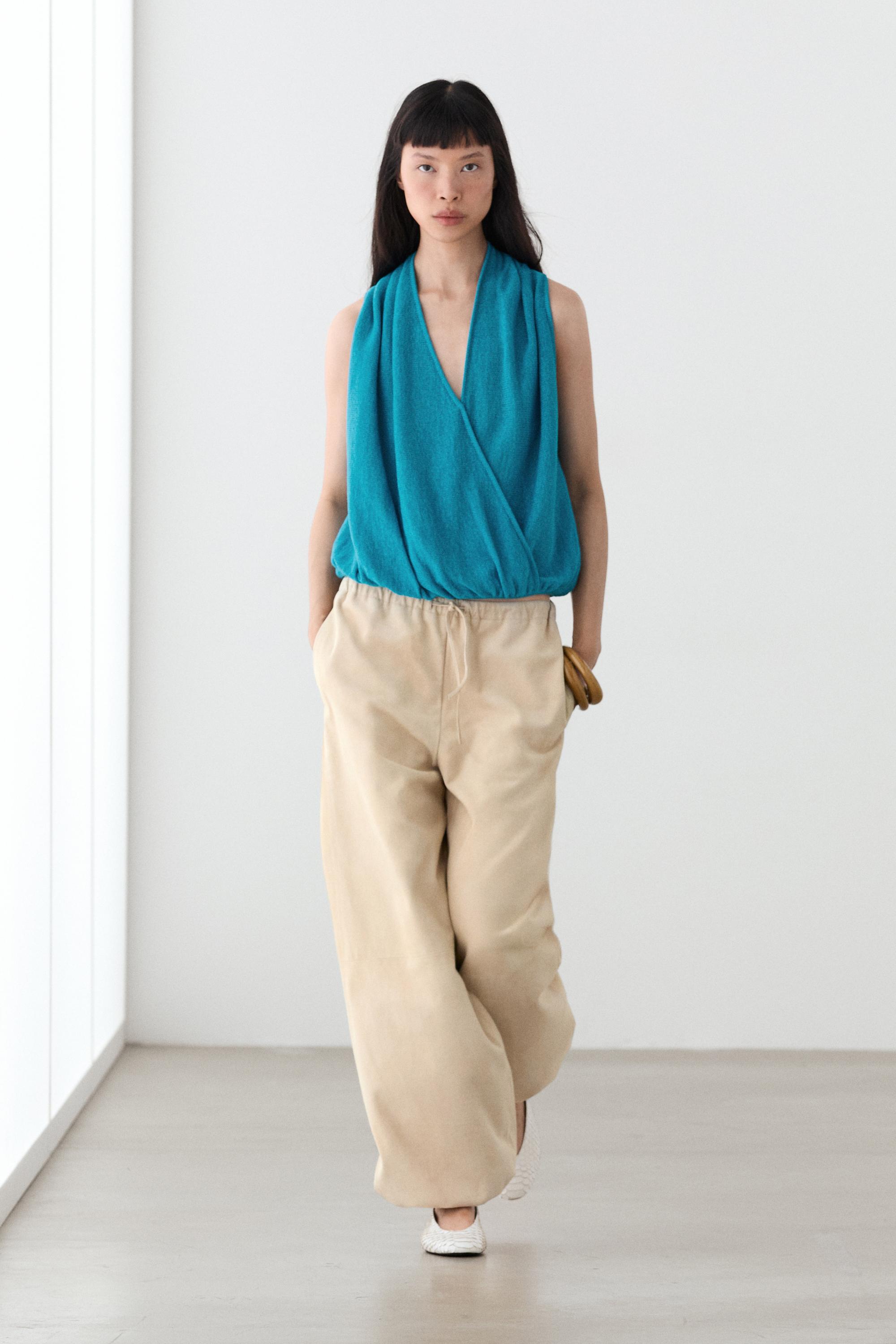 Linen blend crossover top