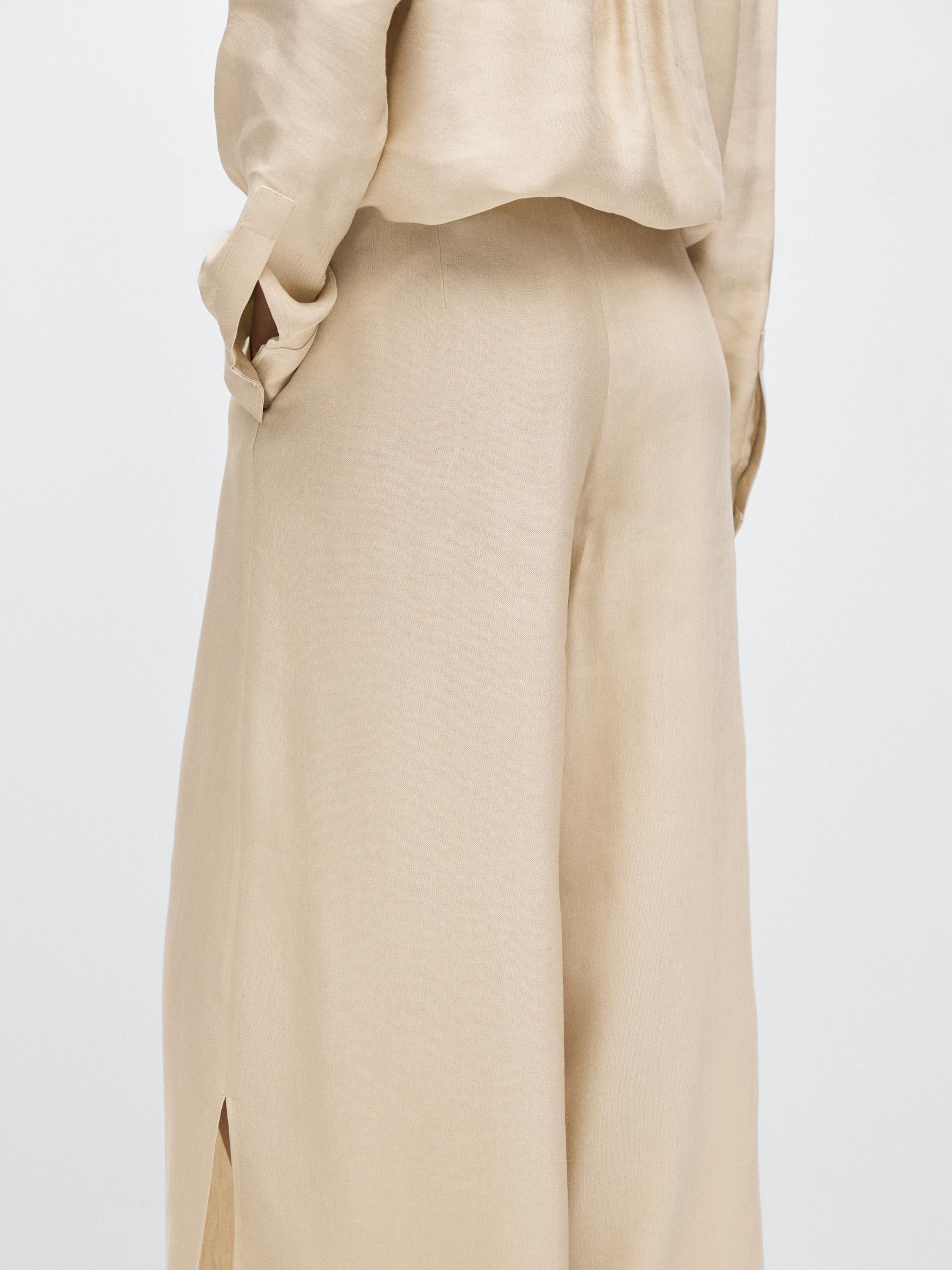 Contrast linen blend straight-leg trousers — BEIGE