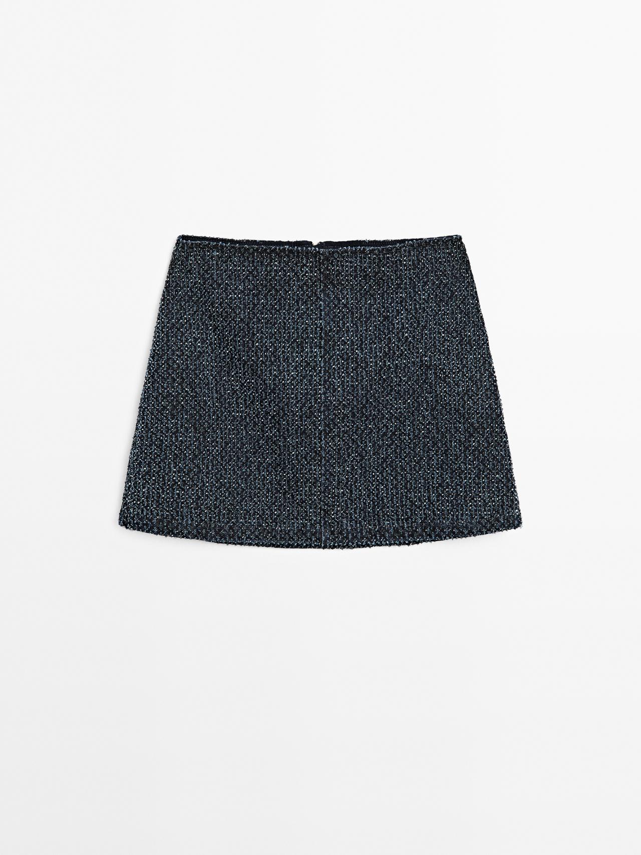 Massimo Dutti - Dame - Lårkort Nederdel I Denim Med Struktur - Blå - S